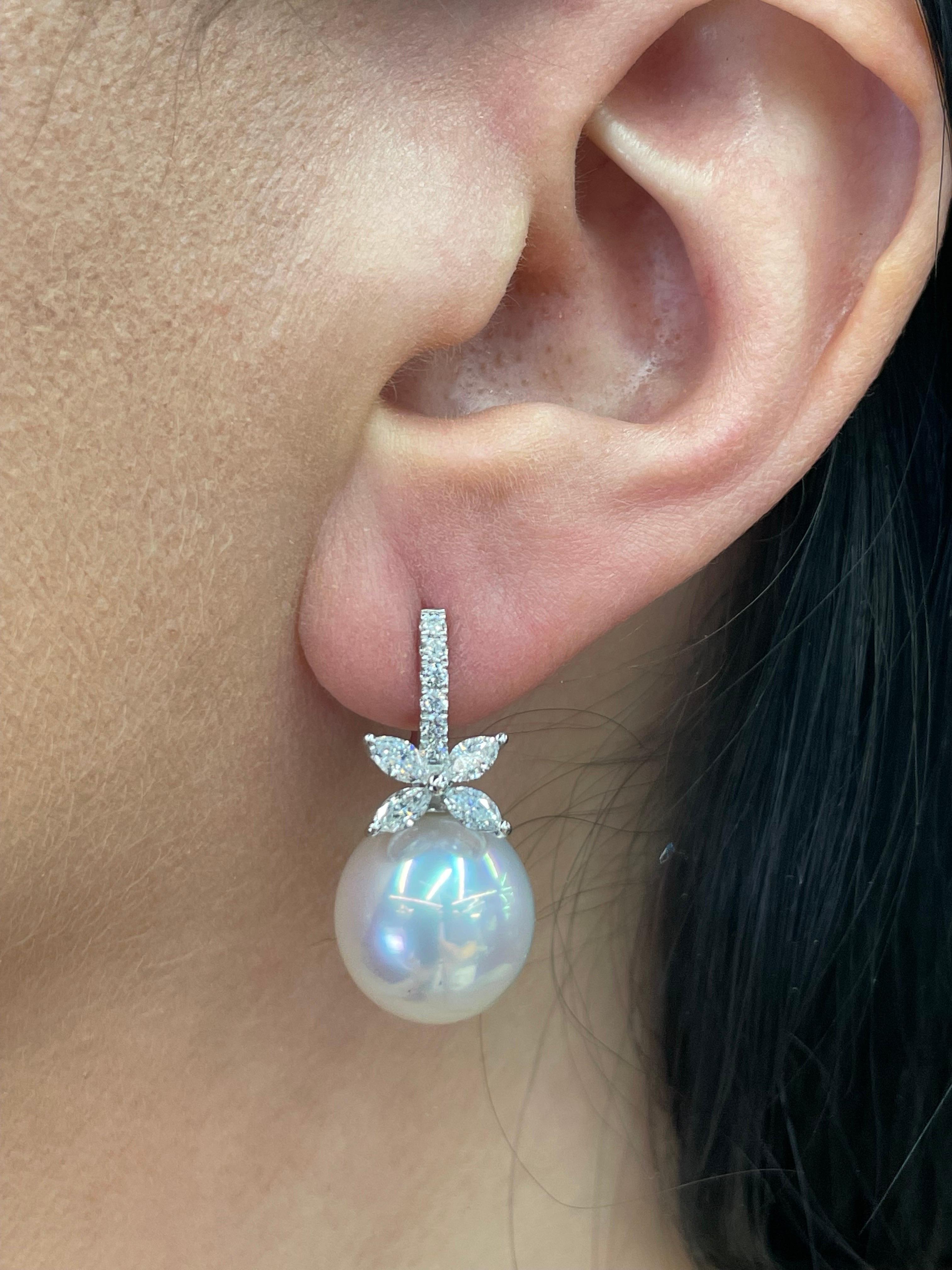Diamond Floral South Sea Pearl Earrings 0.96 Carats 18 Karat White Gold 13-14 MM For Sale 3