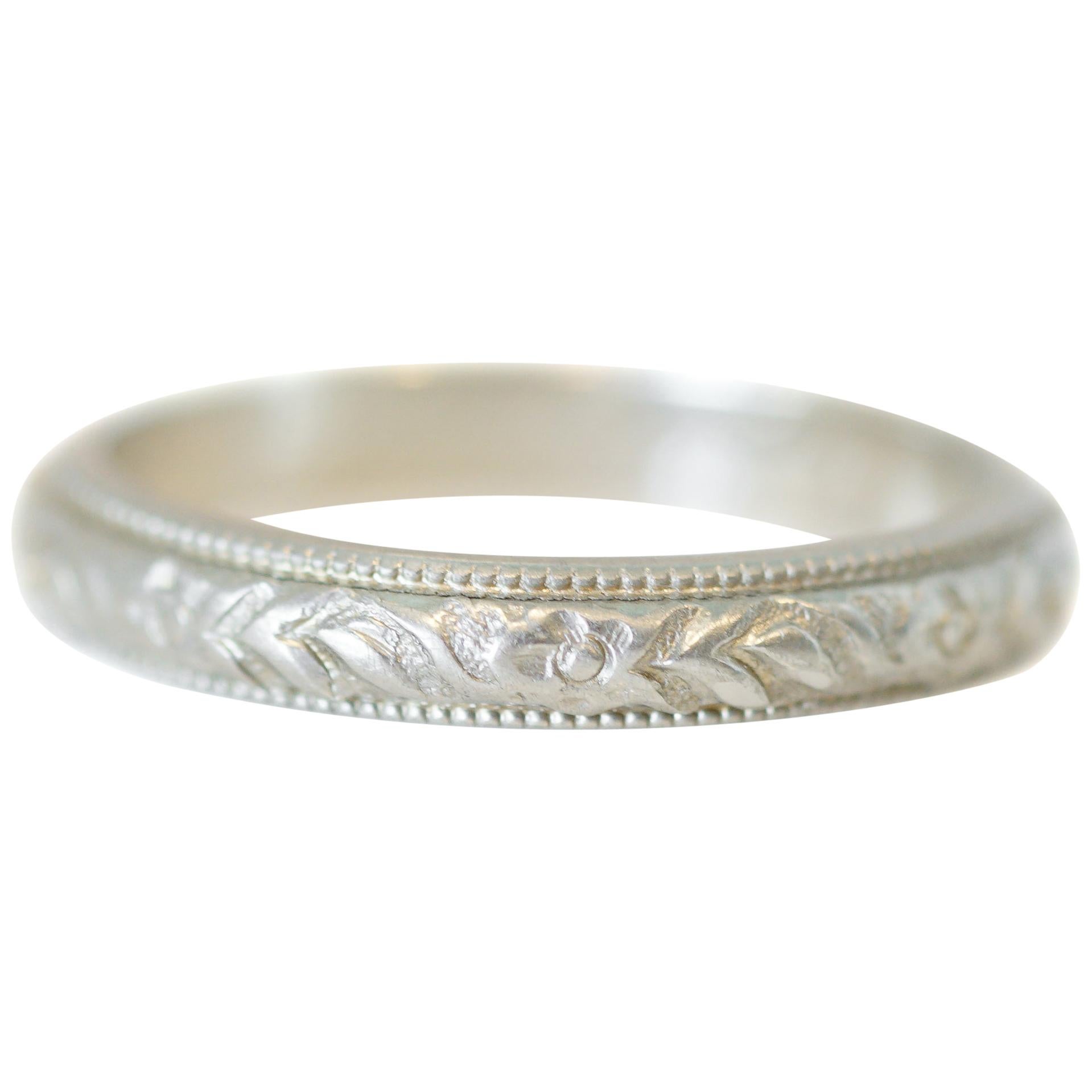18 Karat White Gold Floral Engraved Wedding Band, circa 1926