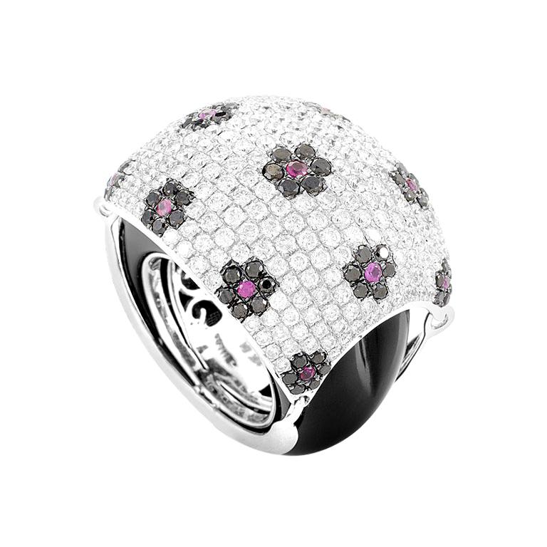 18 Karat White Gold Floral Diamond Pave, Ruby and Onyx Dome Ring
