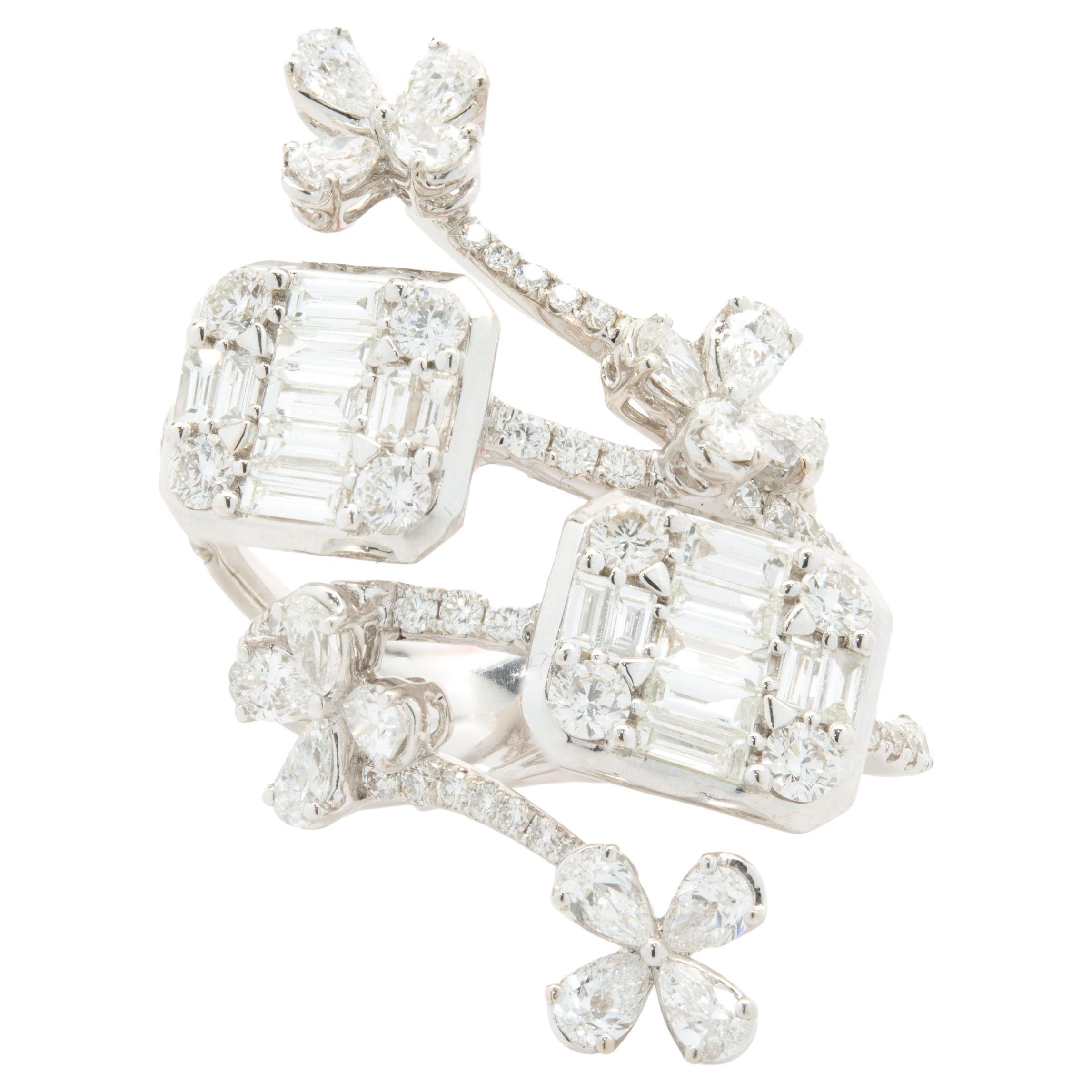 18 Karat White Gold Floral Mosaic Set Diamond Ring For Sale