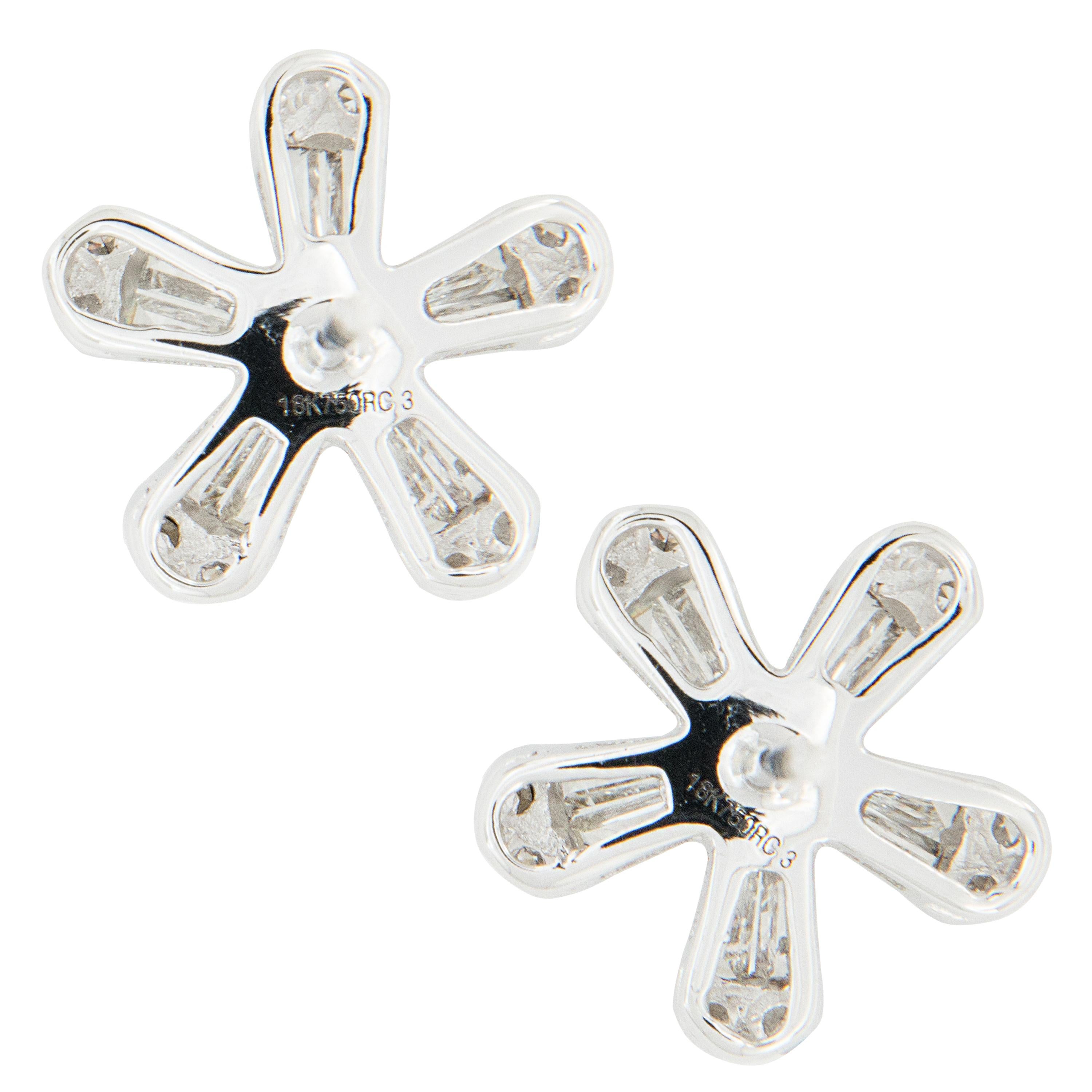 Baguette Cut 18 Karat White Gold Floral Star Diamond Earrings For Sale