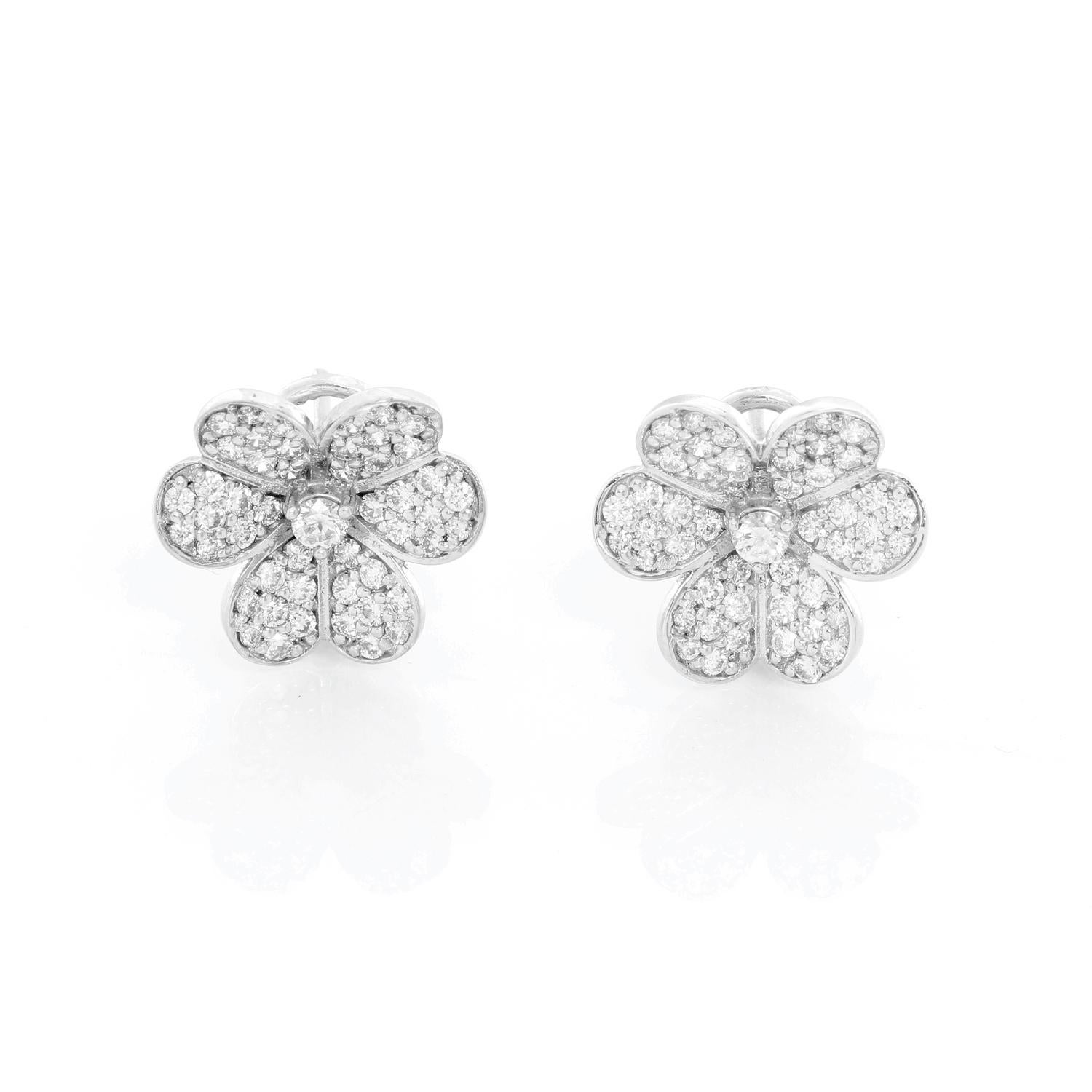 18k White Gold Flower Diamond Earrings - 18k white gold heart shaped flower petals covered in round diamonds come together to create a four leaf clover secured by an additional round diamond in the center. Diamonds weigh approx 1.96 carats.