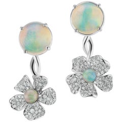 18 Karat White Gold Flower Earring with Opals and Diamonds