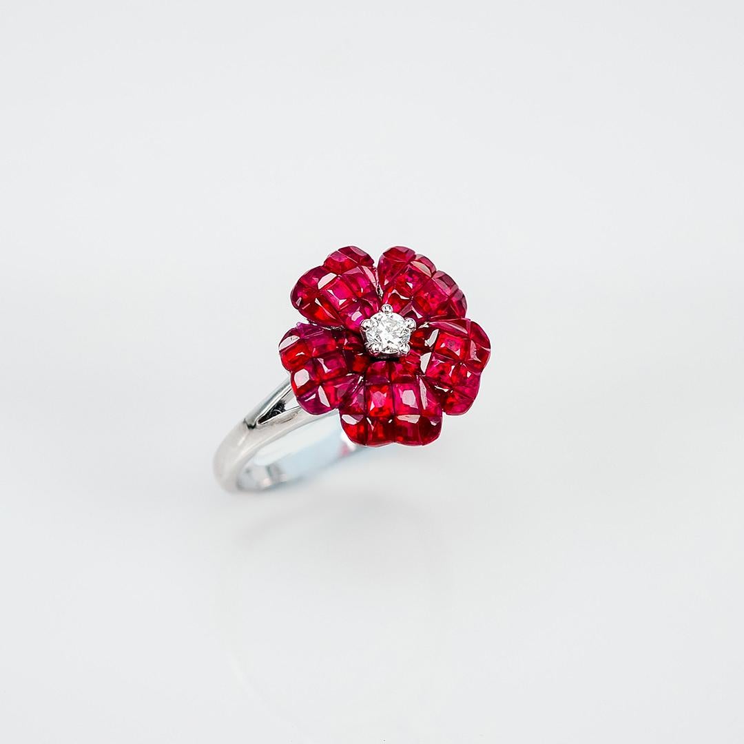 Square Cut 18 Karat White Gold Flower Invisible Ruby Ring For Sale