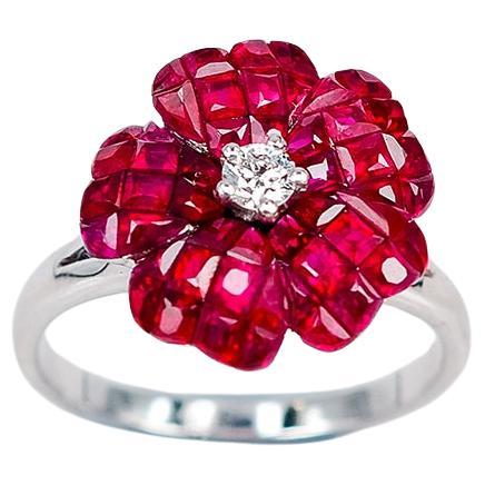 18 Karat White Gold Flower Invisible Ruby Ring For Sale
