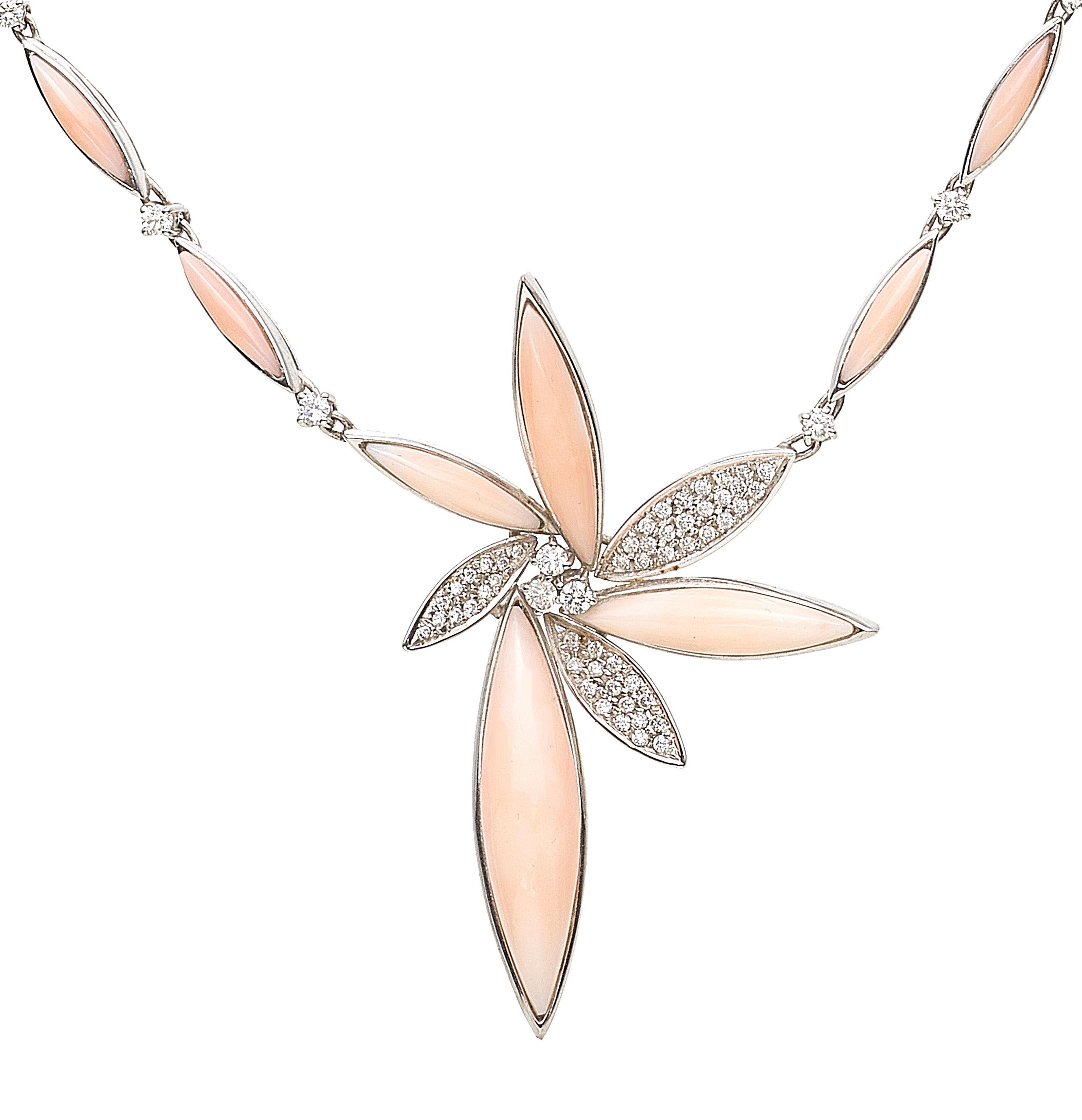 Artisan 18 Karat White Gold Flower Pink Coral Diamonds Pavè Necklace For Sale