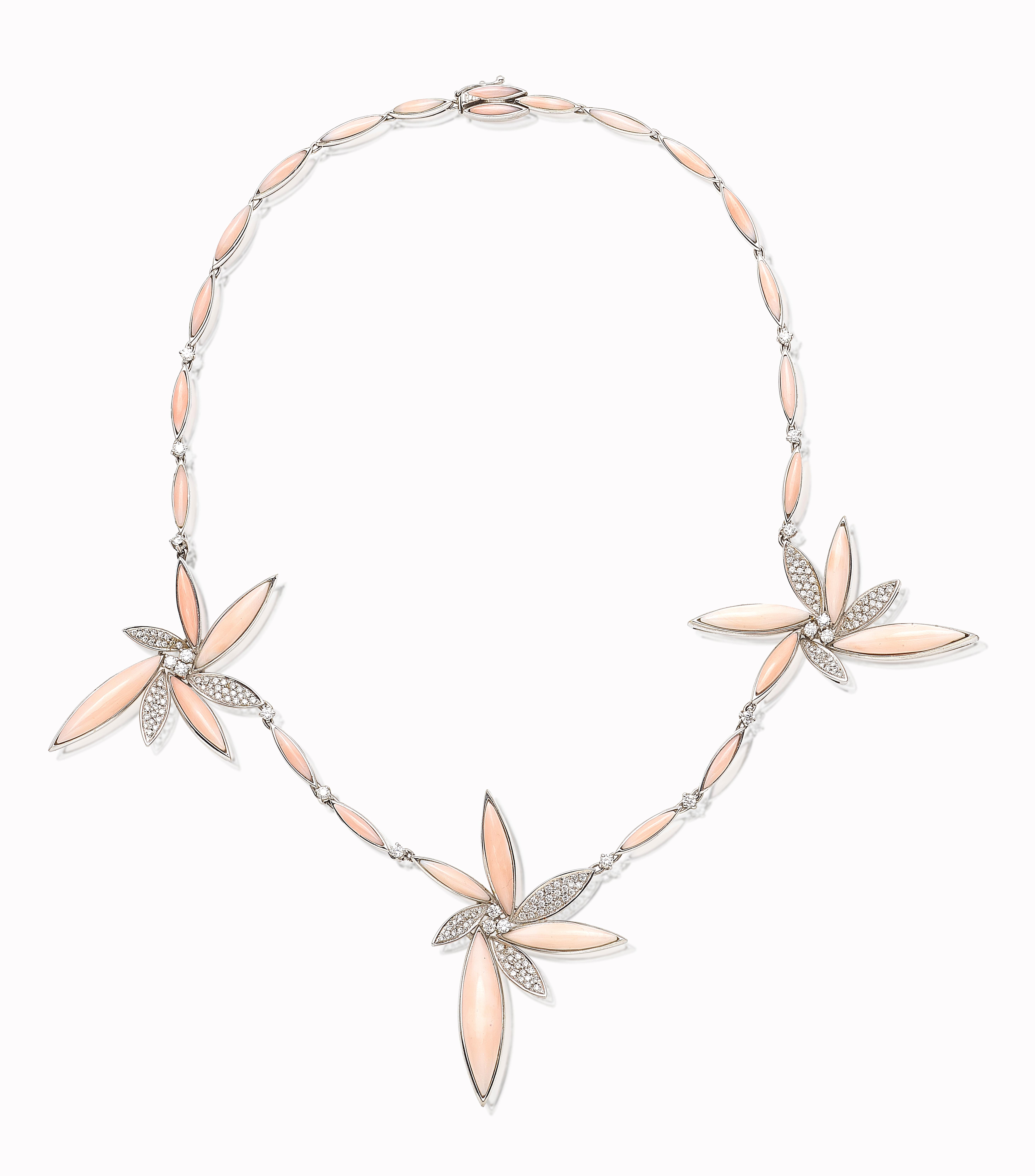 Women's 18 Karat White Gold Flower Pink Coral Diamonds Pavè Necklace For Sale
