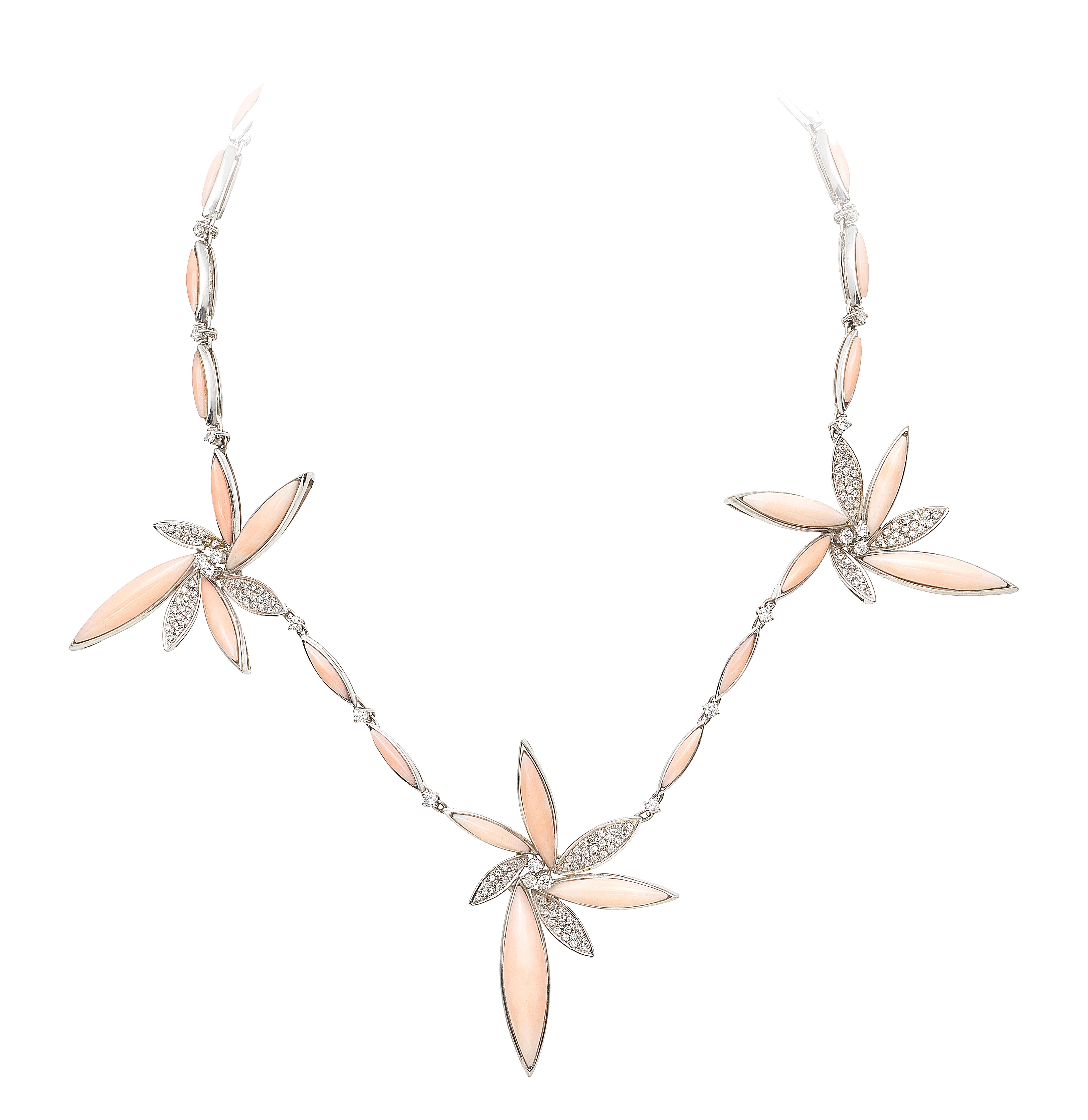 18 Karat White Gold Flower Pink Coral Diamonds Pavè Necklace For Sale