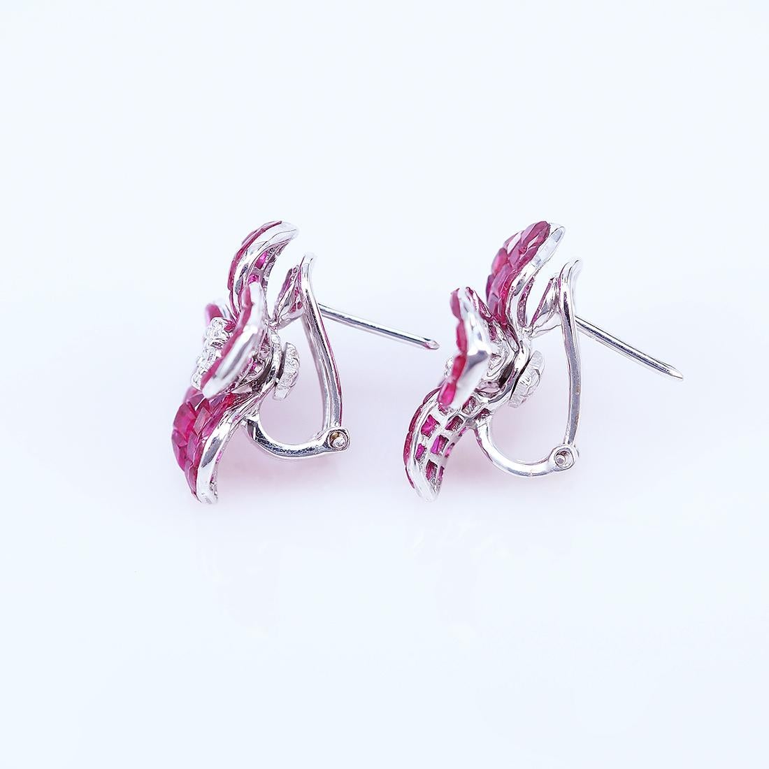 Modern 18 Carat White Gold Flower Ruby and Diamond Invisible Earrings For Sale