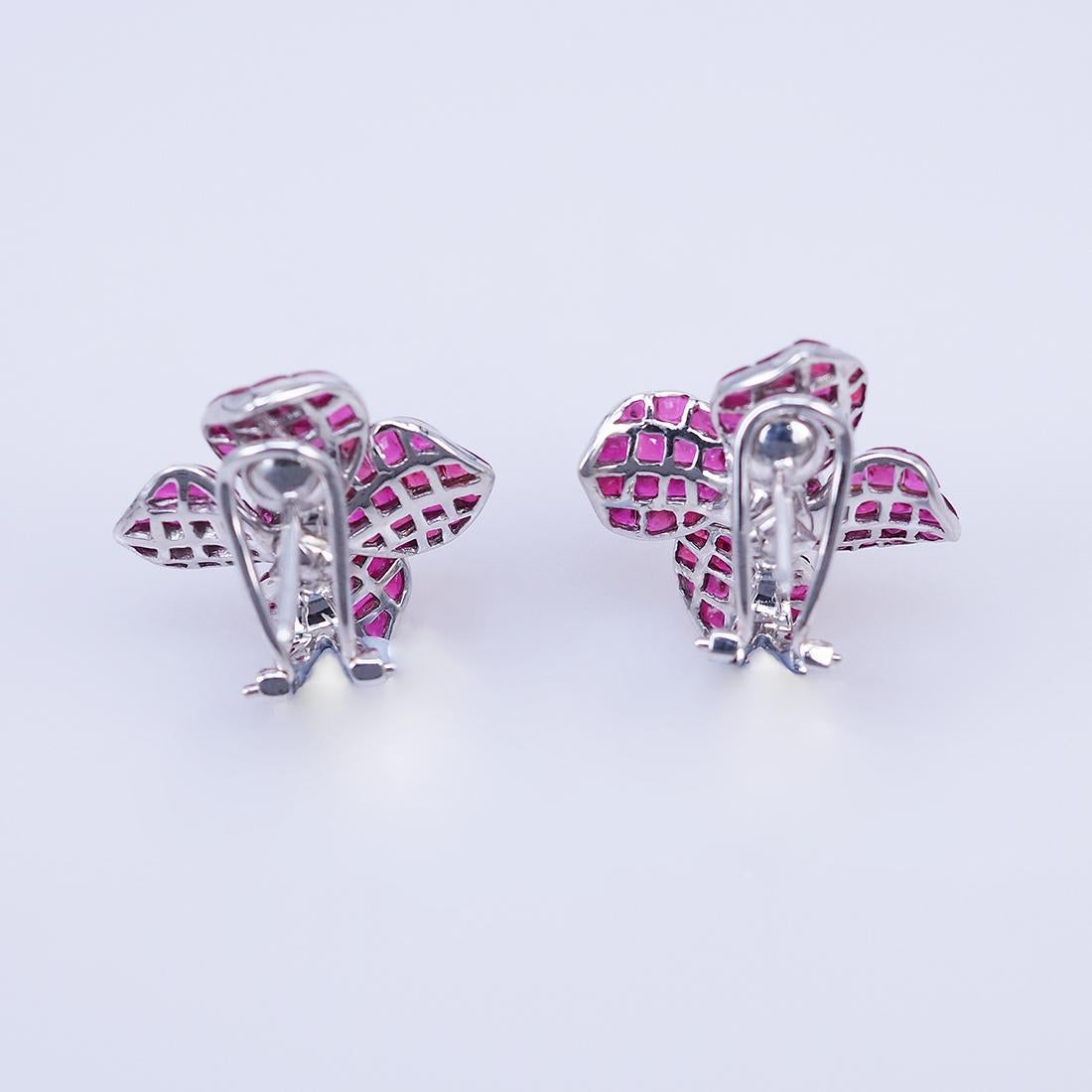 Square Cut 18 Carat White Gold Flower Ruby and Diamond Invisible Earrings For Sale