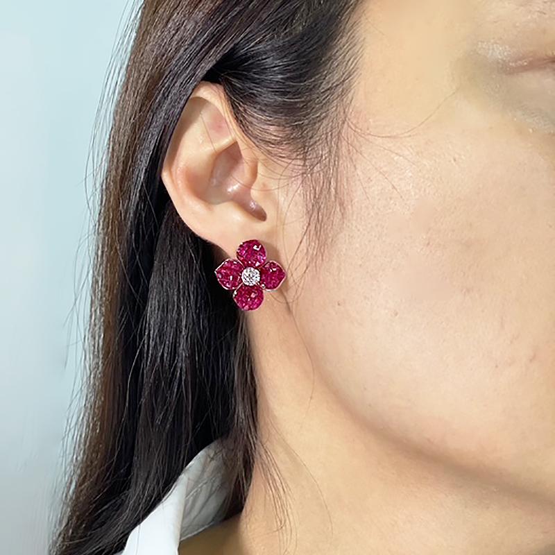 Women's 18 Carat White Gold Flower Ruby and Diamond Invisible Earrings For Sale