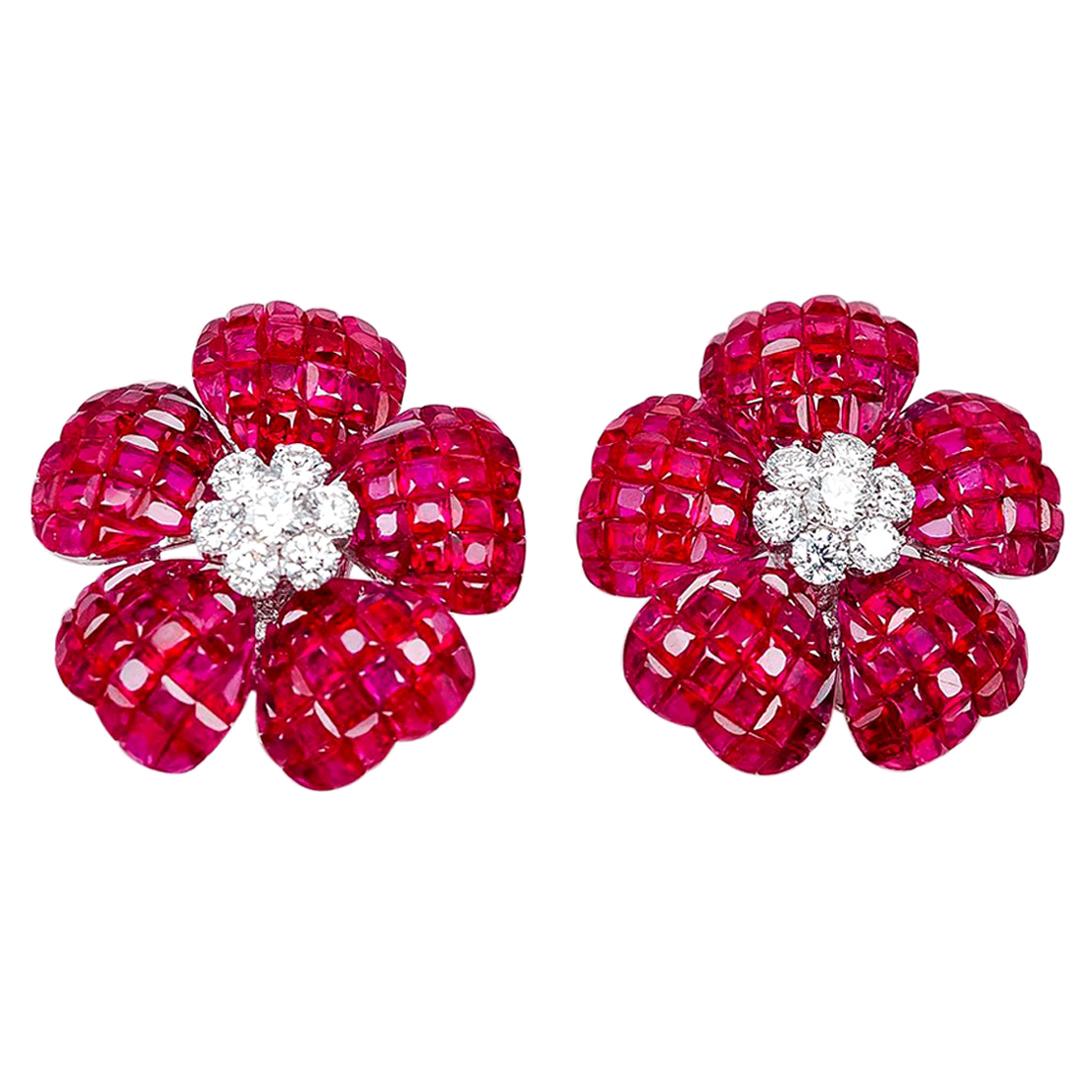 18 Karat White Gold Flower Ruby and Diamond Invisible Earrings