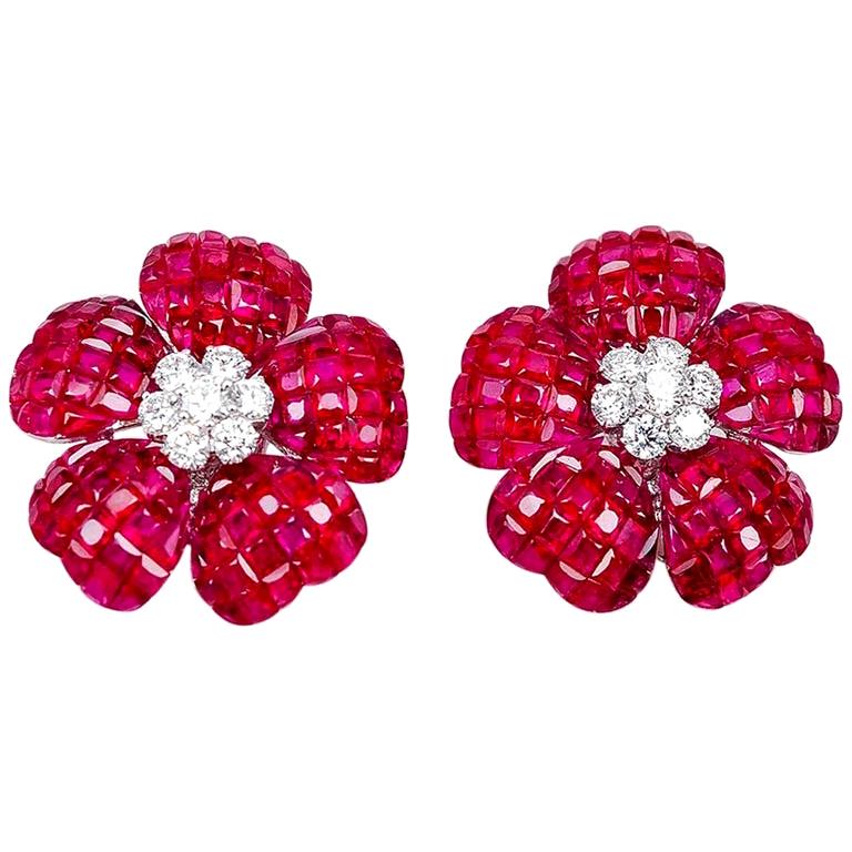 18 Karat White Gold Flower Ruby and Diamond Invisible Earrings