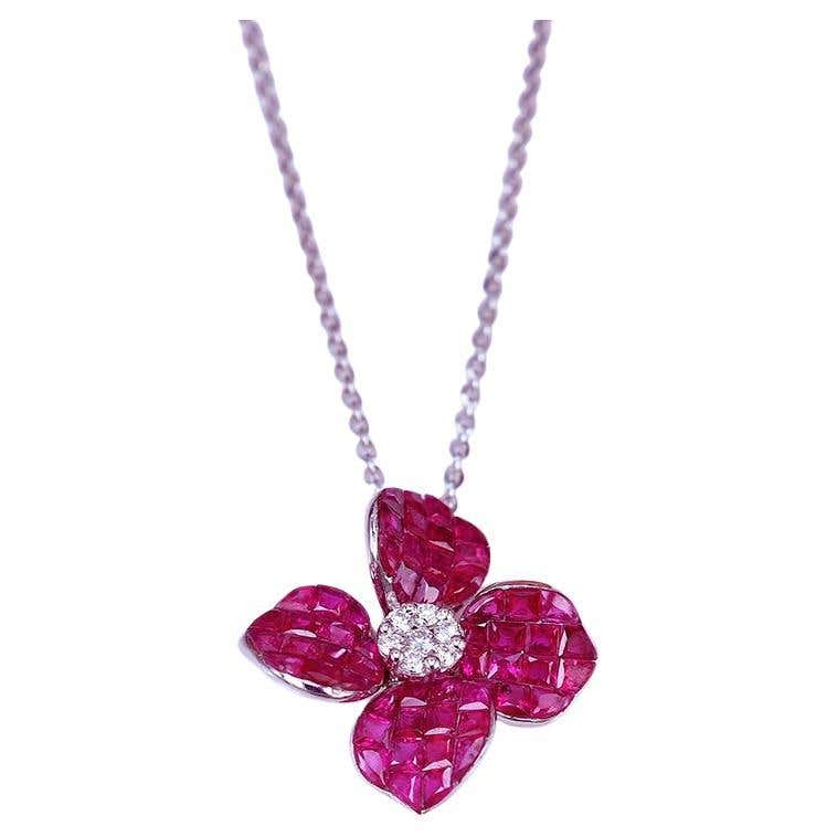 18 Carat White Gold Ruby and Diamond Heart Necklace in Invisible ...
