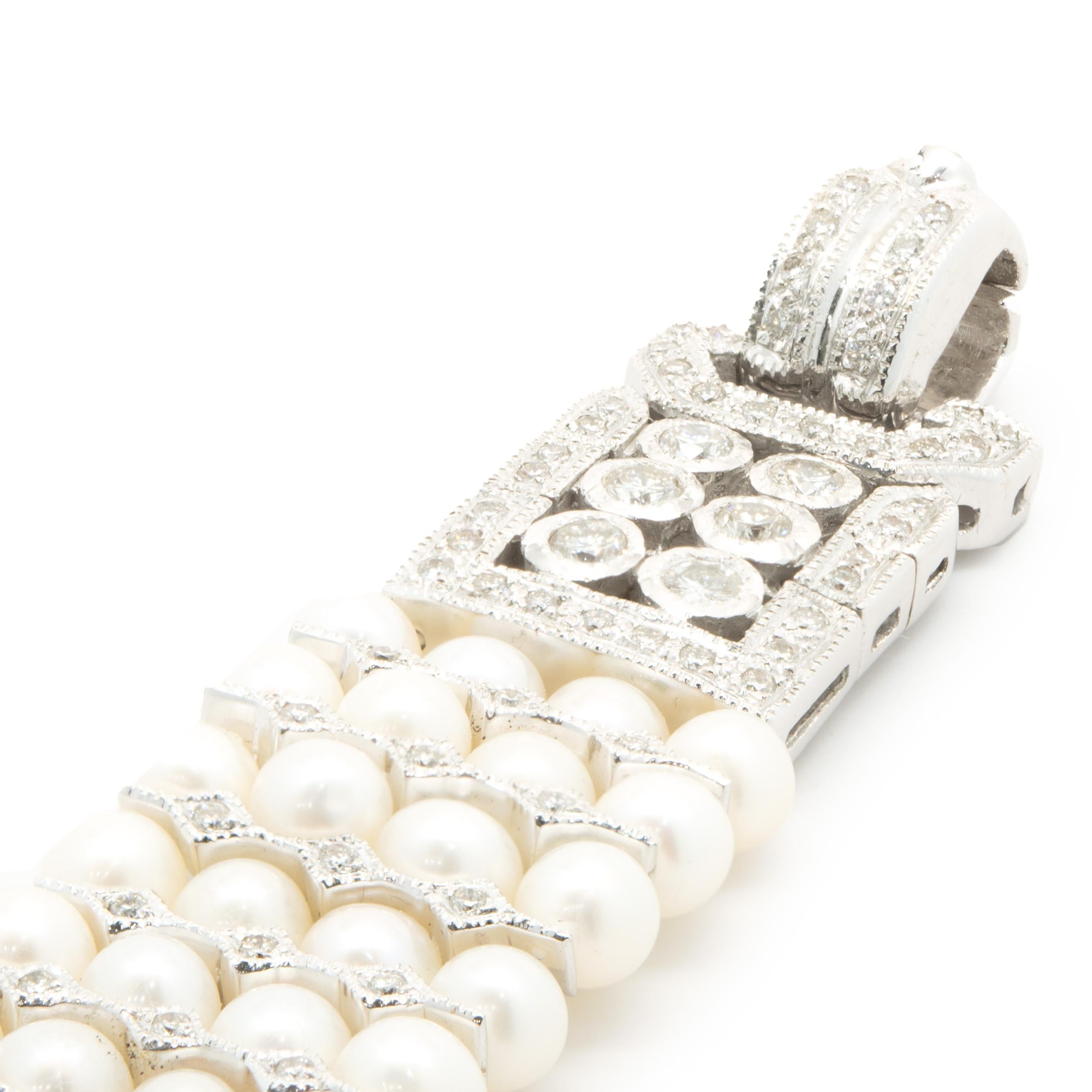 Round Cut 18 Karat White Gold Four Row Akoya Pearl and Diamond Bracelet For Sale