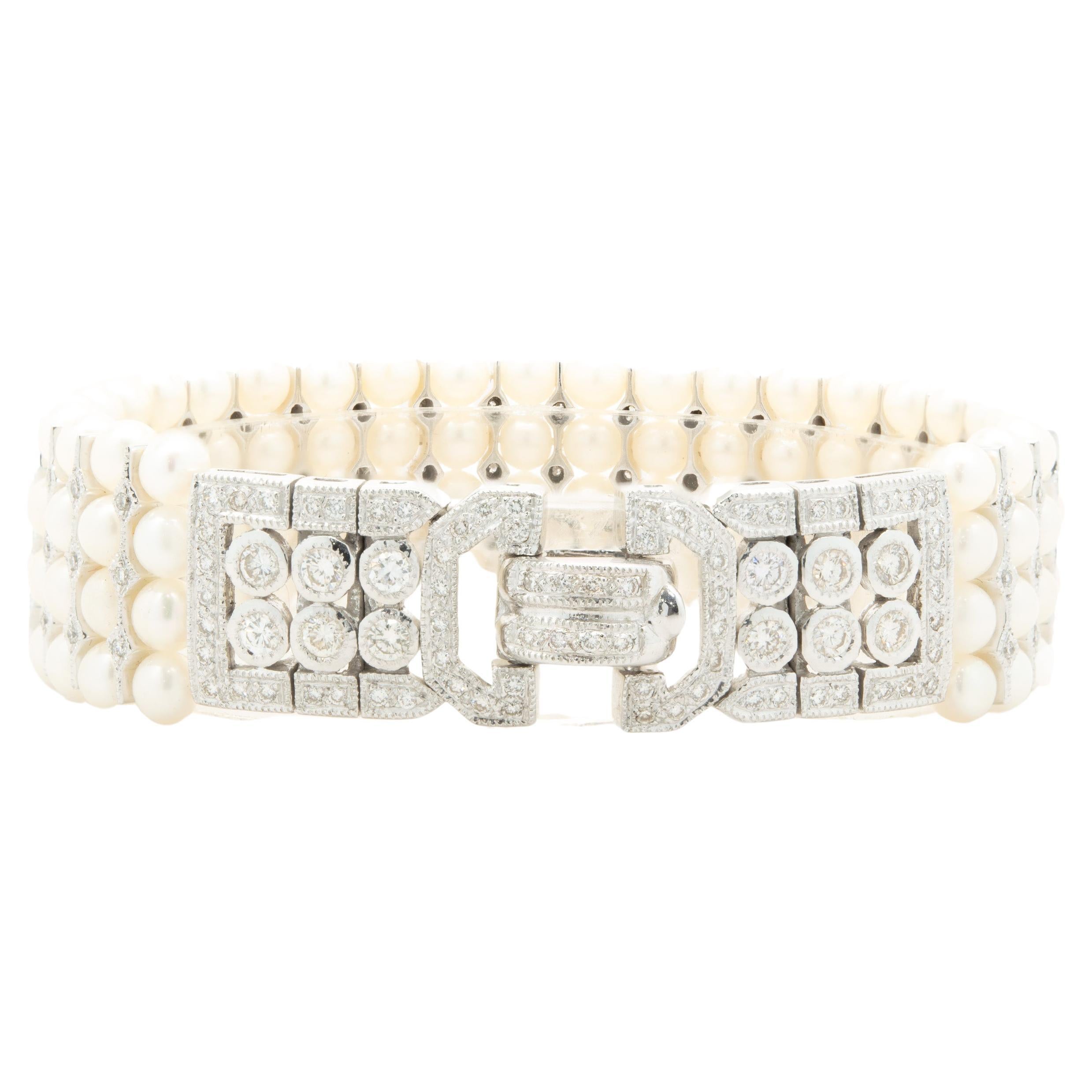 18 Karat White Gold Four Row Akoya Pearl and Diamond Bracelet For Sale
