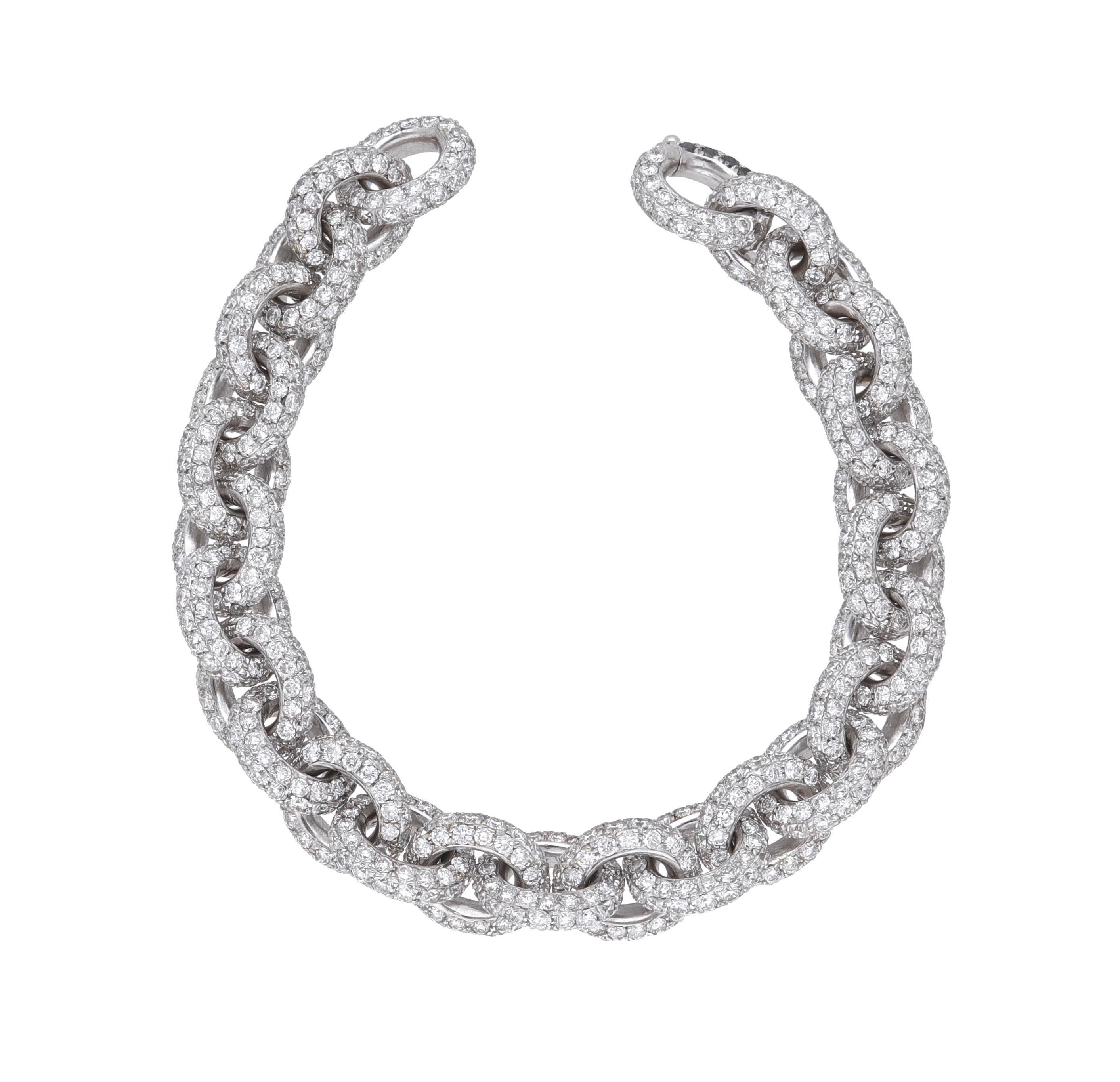 Women's or Men's 18 Karat White Gold Full Pave Diamonds Chain Bracelet For Sale