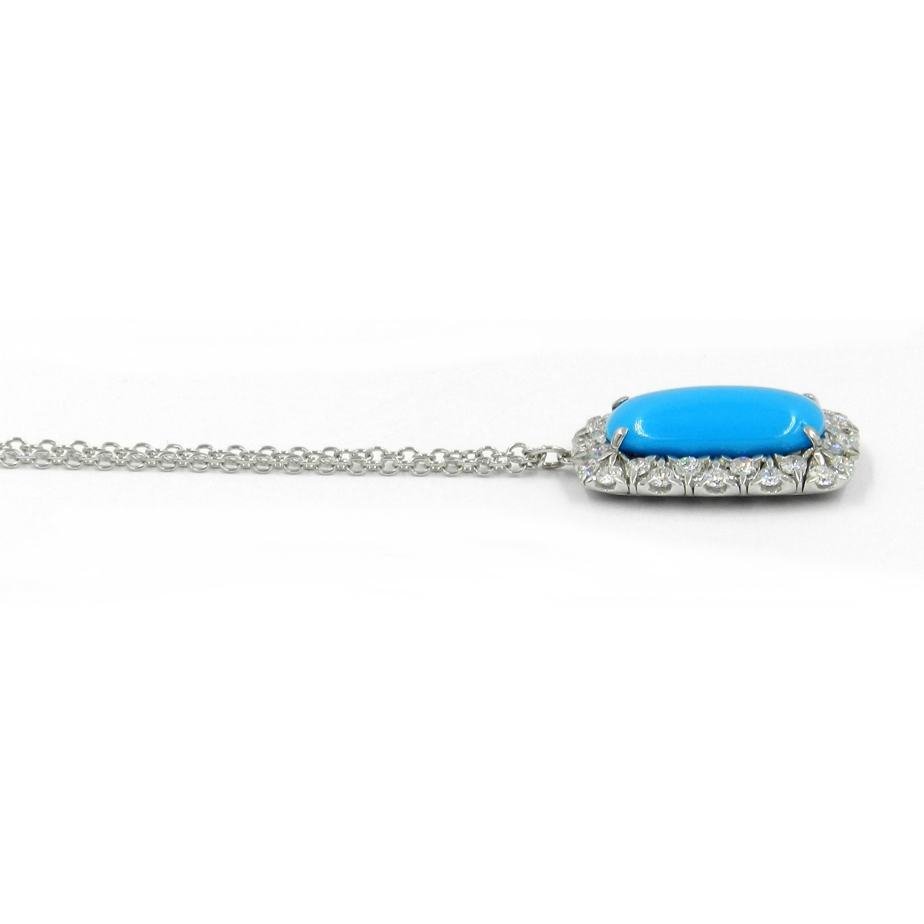 Modern 18 Karat White Gold Garavelli Pendant with Chain with Diamonds and Turquoise For Sale