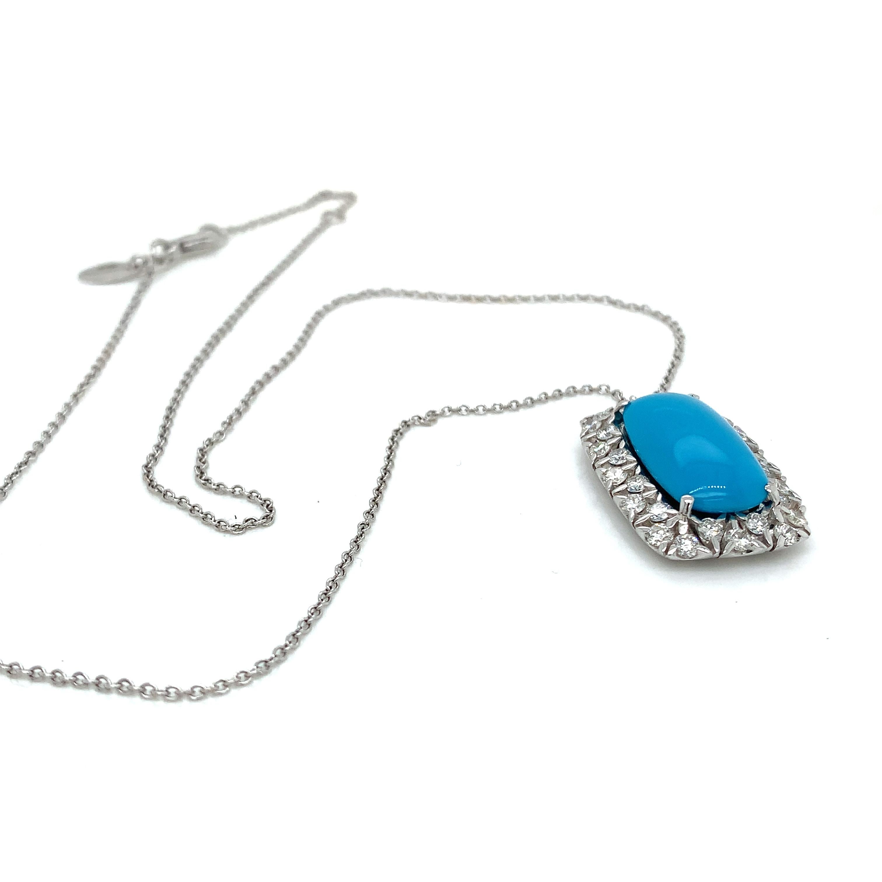 Round Cut 18 Karat White Gold Garavelli Pendant with Chain with Diamonds and Turquoise For Sale