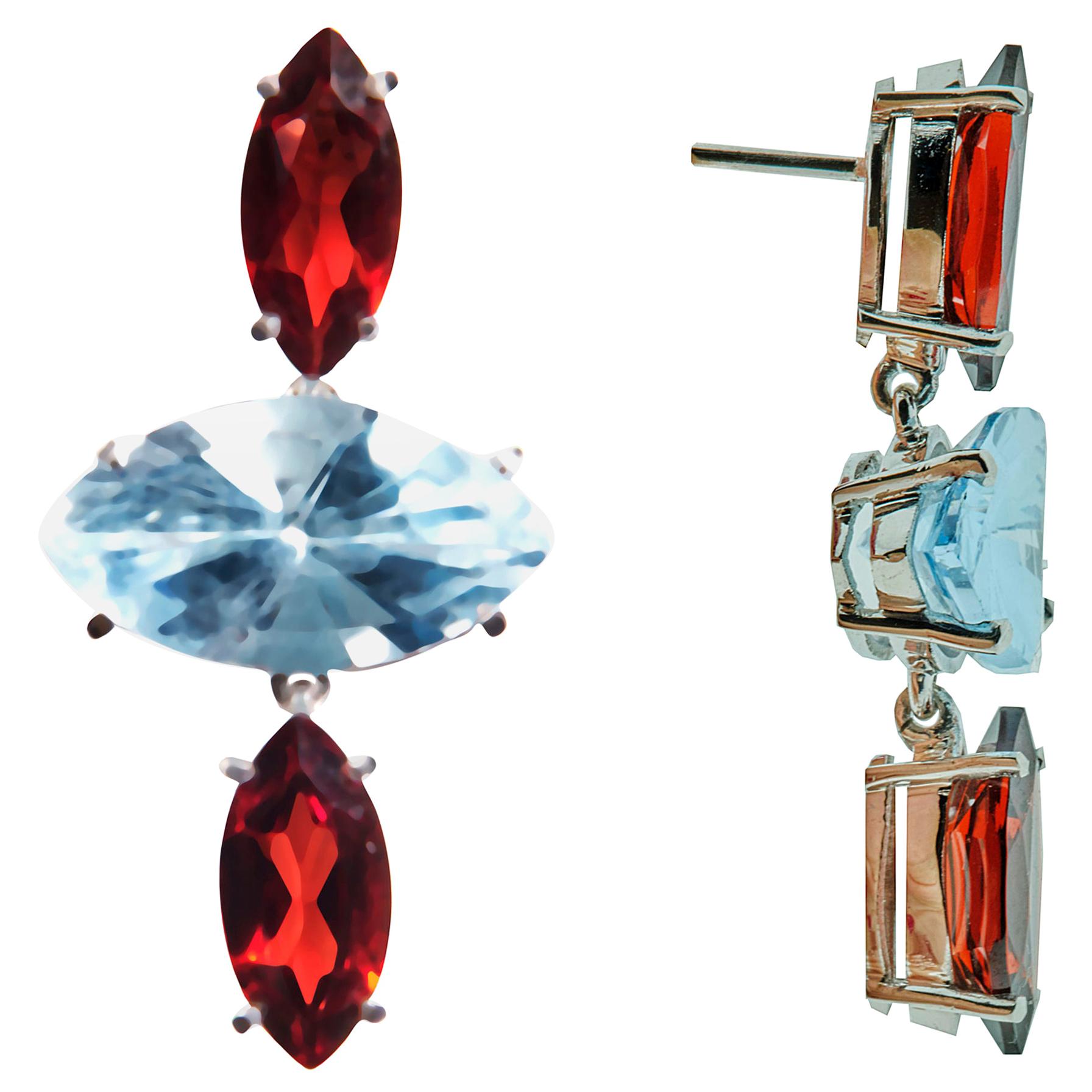 18 Karat White Gold Garnet and Blue Topaz Marquise Earrings.Sustainable Fine Jew For Sale