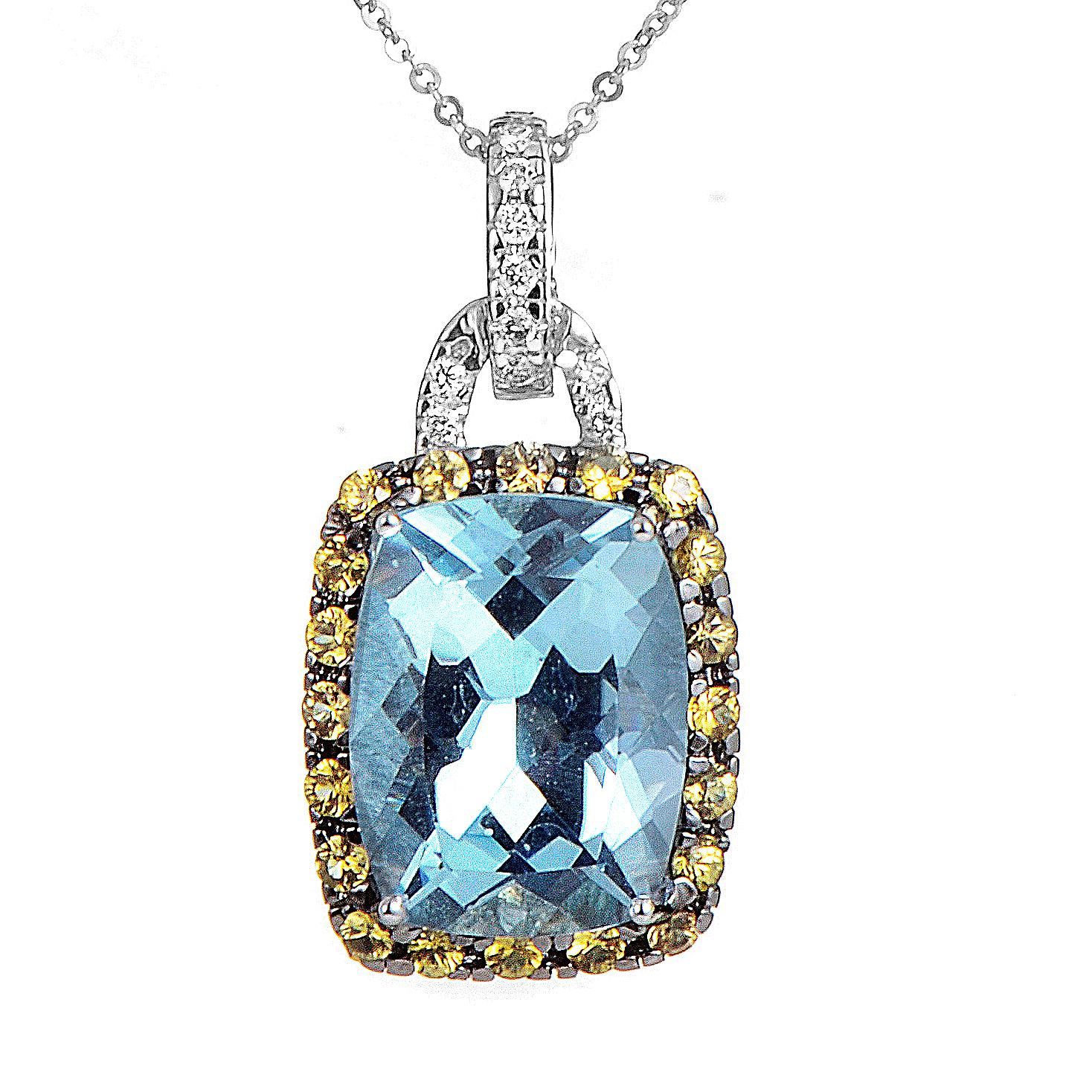 This 18K white gold necklace features a stylish design that will captivate everyone from the moment they lay their eyes on it. The necklace drops to 9 inches and is adorned with an ~13.60ct topaz pendant with catchy decorations. To cap all that,