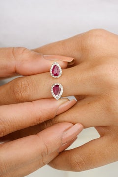 18 Karat White Gold Pear Ruby and Halo Diamond Toi et Moi Ring