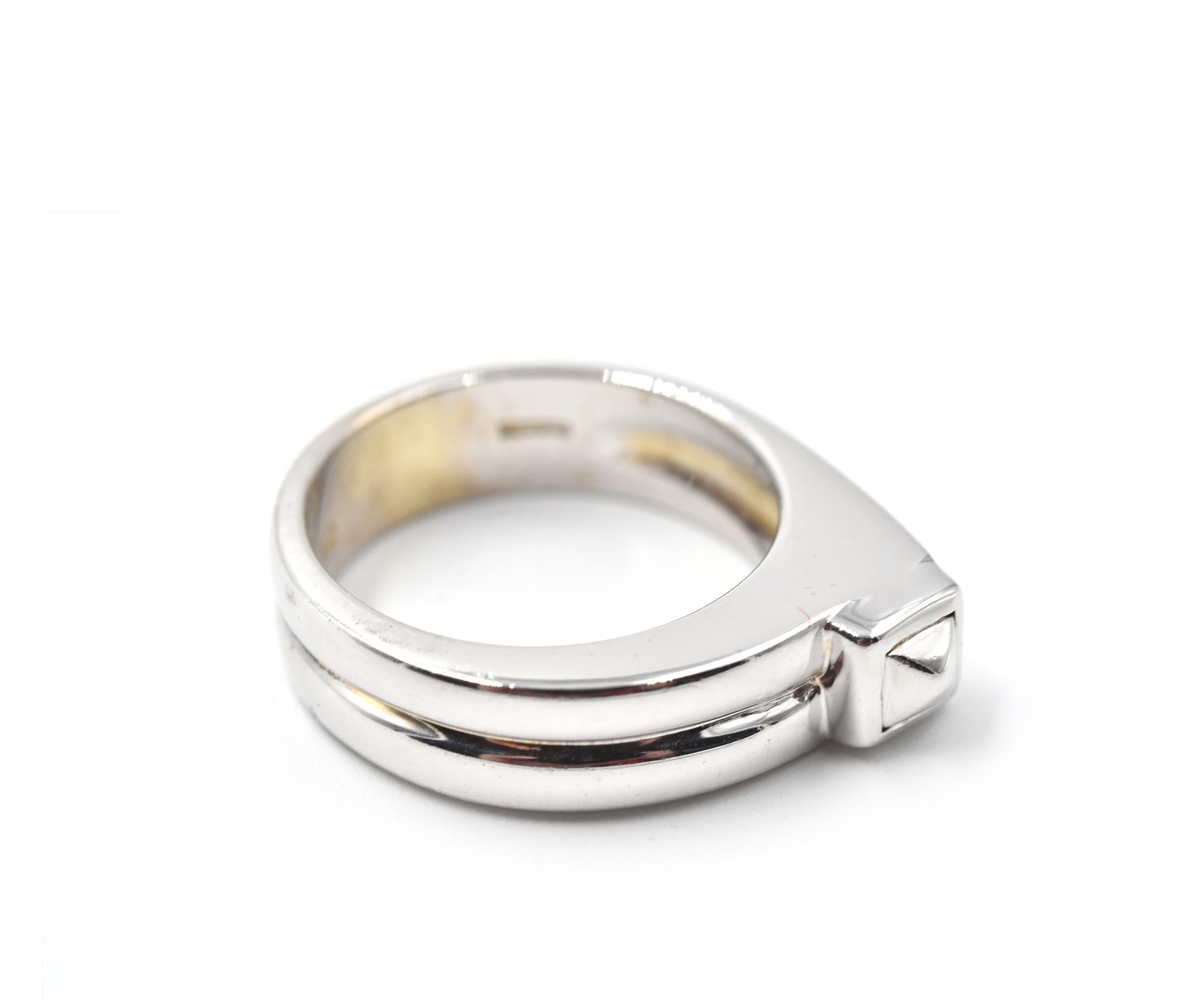 Designer: custom design
Material: 18k White Gold
Ring Size: 6 ¾  (please allow two additional shipping days for sizing requests)
Dimensions: ring is 5.75mm wide 
Weight: 10.13 grams
