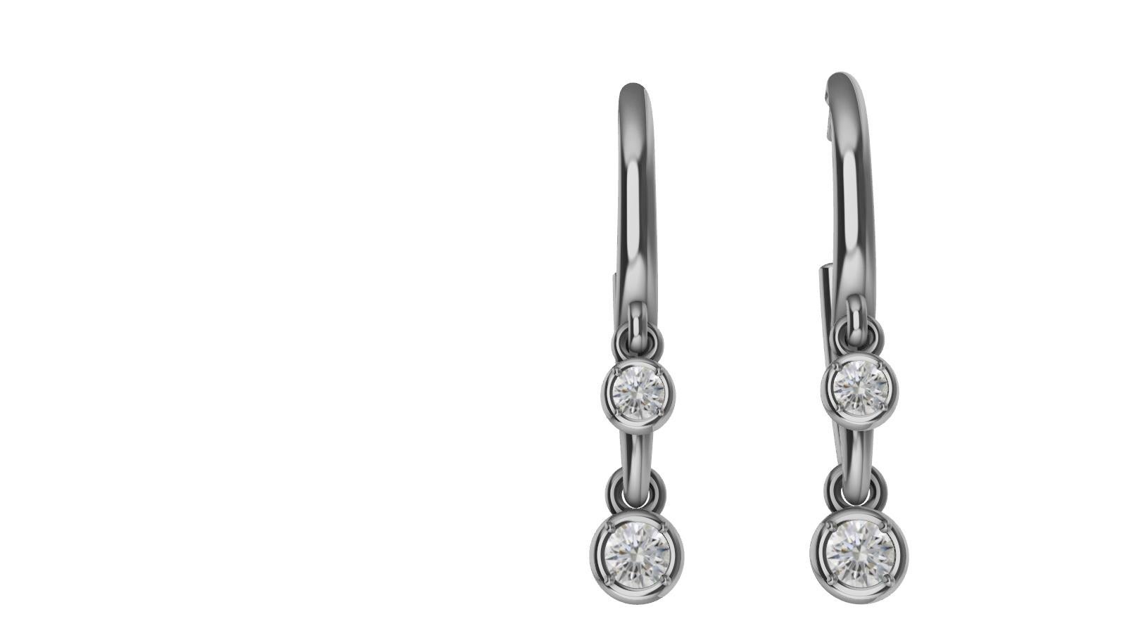 Round Cut 18 Karat White Gold GIA Diamond Soft Angled Dangle Hoop Earrings For Sale
