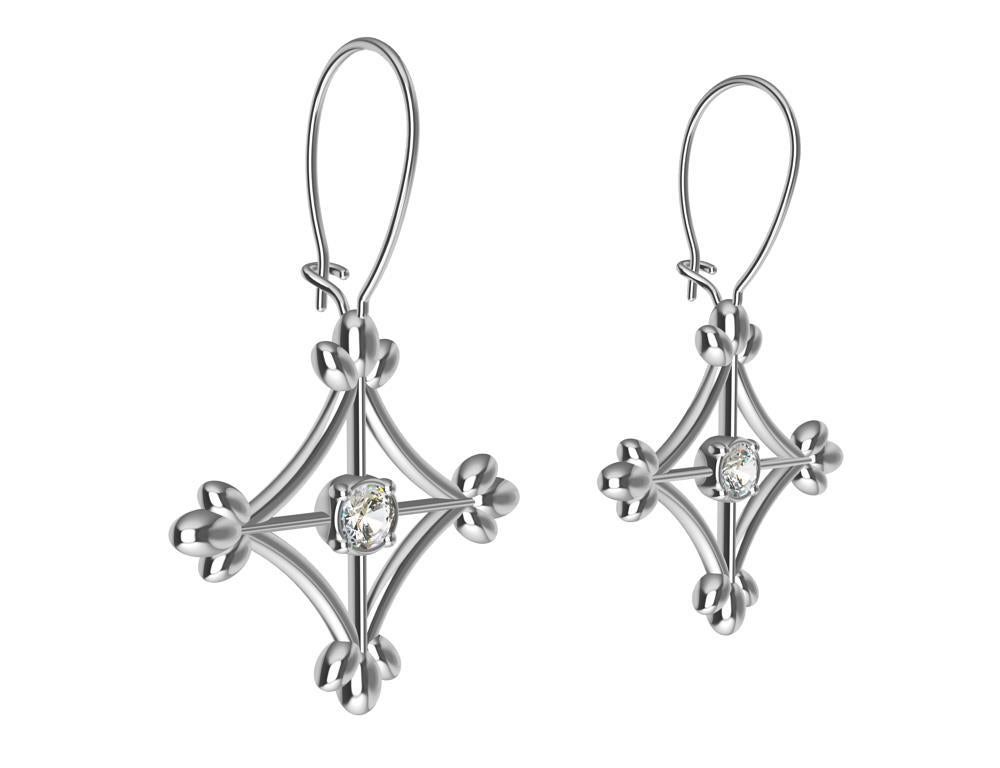 Round Cut 18 Karat White Gold GIA Diamonds Rhombus Flower Dangle Earrings For Sale