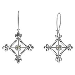 Used 18 Karat White Gold GIA Diamonds Rhombus Flower Dangle Earrings