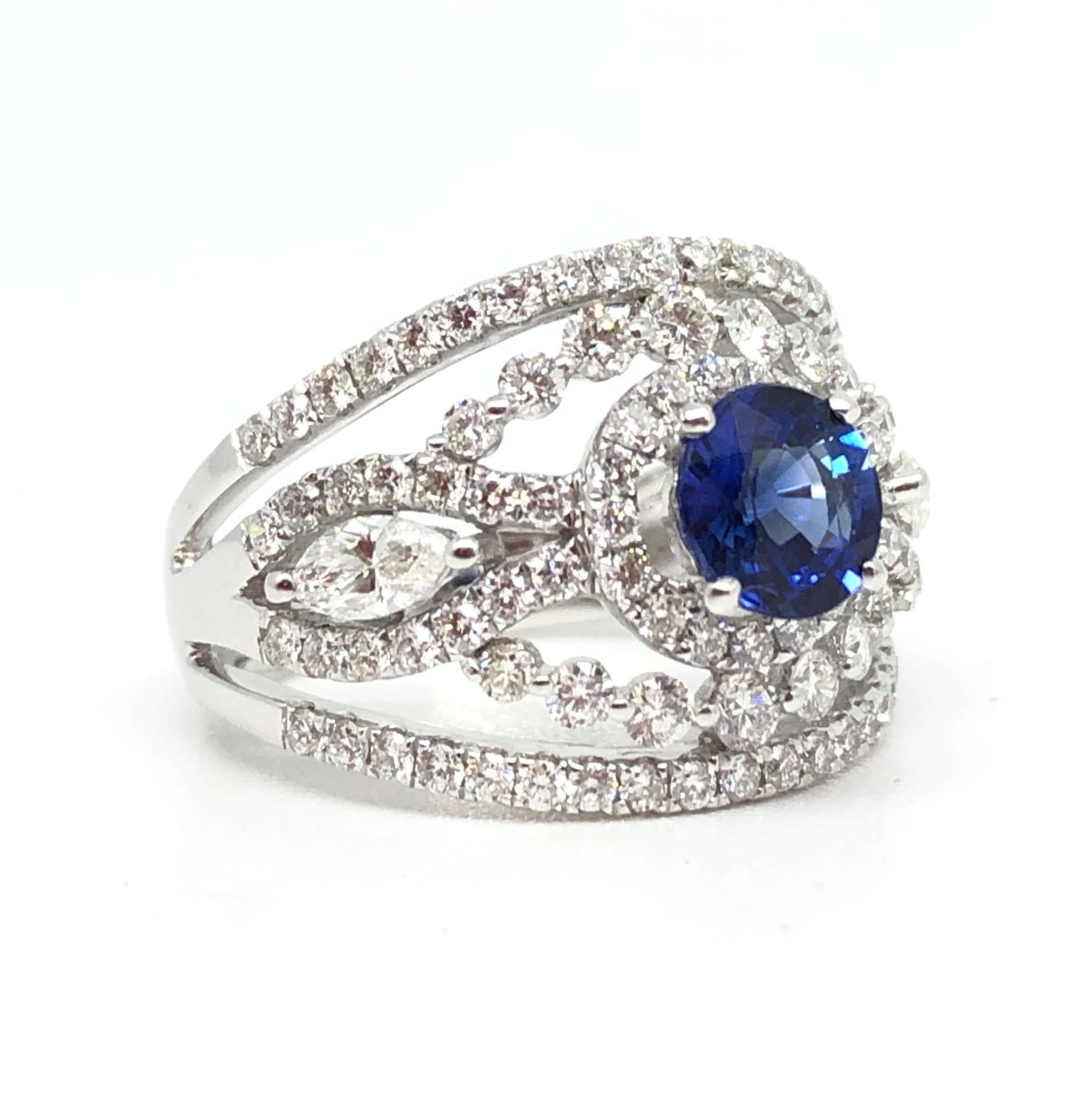 A beautiful Sapphire Diamond Ring from GILIN, featuring 1.04 Carat Blue Sapphire and 1.44 Carat Diamonds cocktail Ring

 size is US 6.