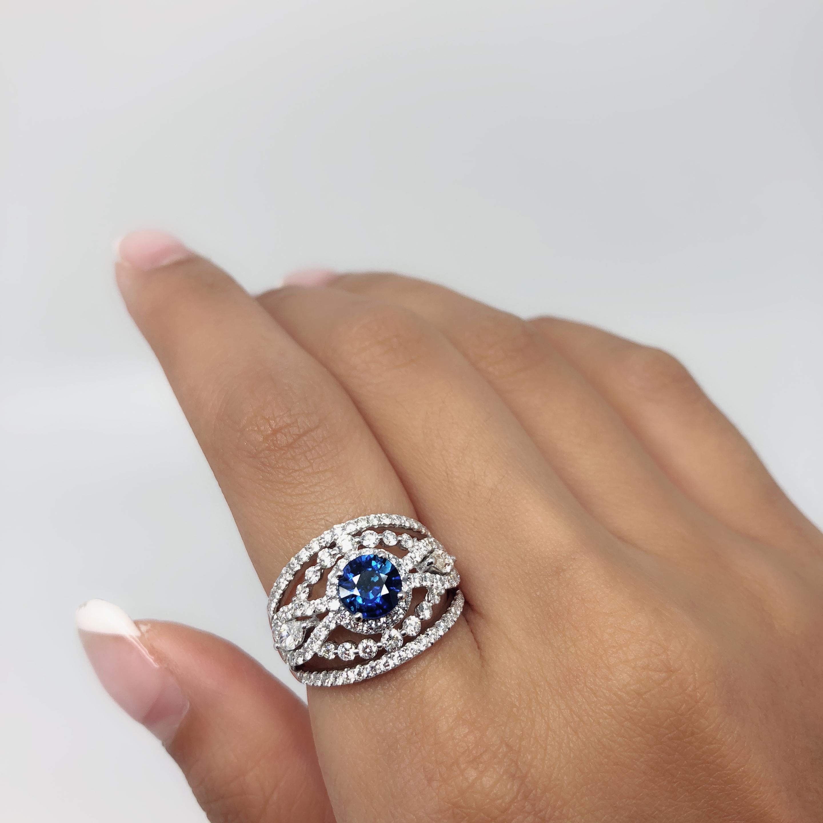 Women's  Gold Gilin Blue Sapphire Diamond cocktail+ Ring For Sale