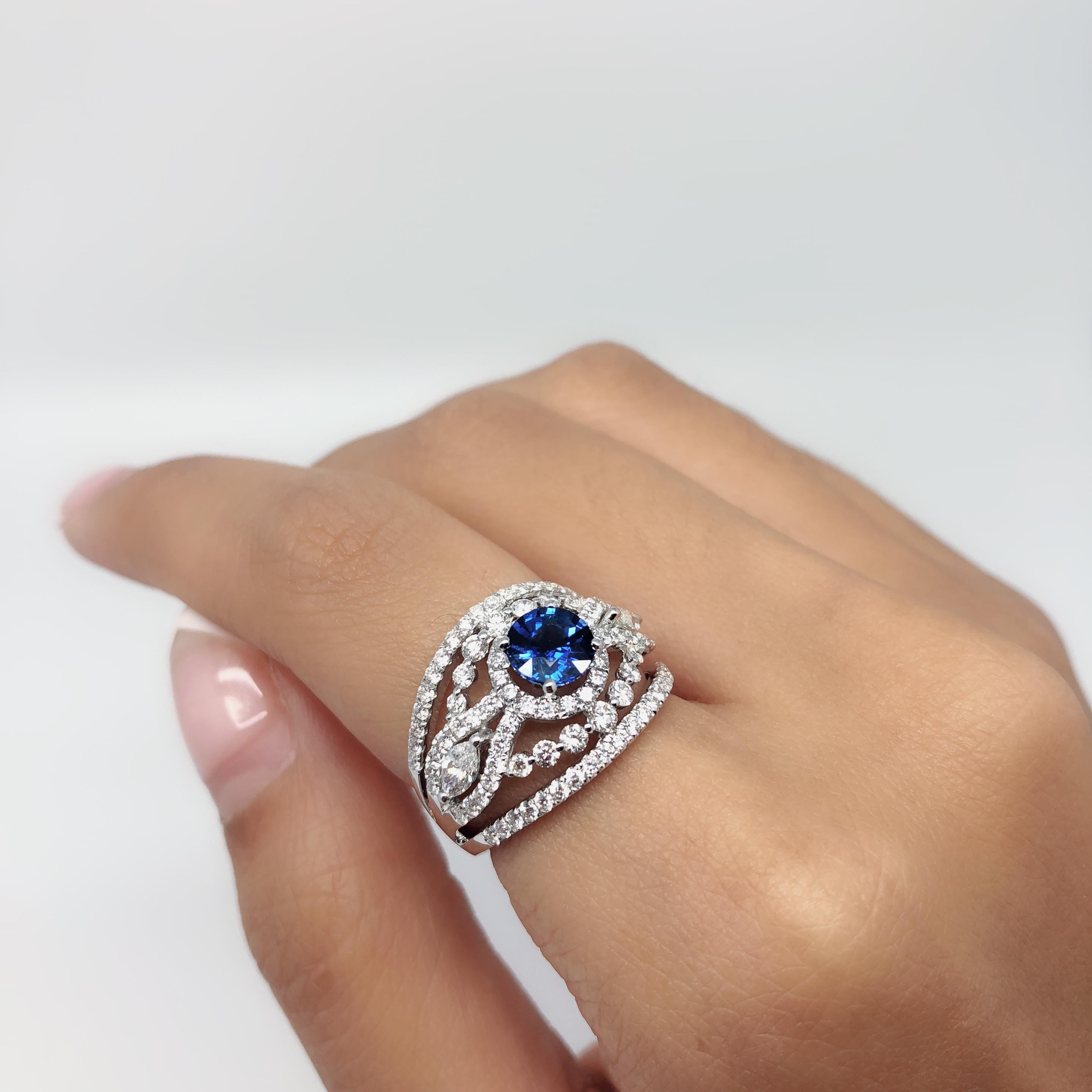  Gold Gilin Blue Sapphire Diamond cocktail+ Ring For Sale 1