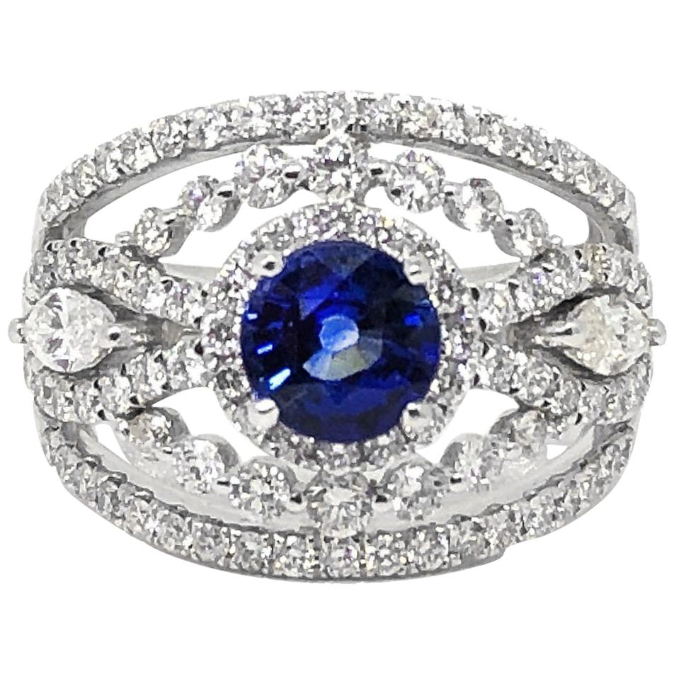  Gold Gilin Blue Sapphire Diamond cocktail+ Ring For Sale
