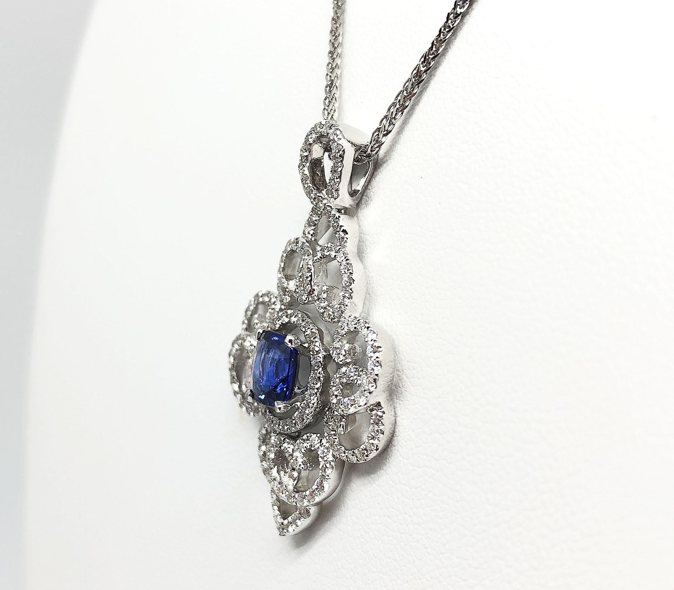 This beautiful pendant features a good luster Blue Sapphire in the centre which weighs 1.22 Carat, accompanied by 0.91 Carat of diamonds set in 18K White Gold.

*Chain not included
