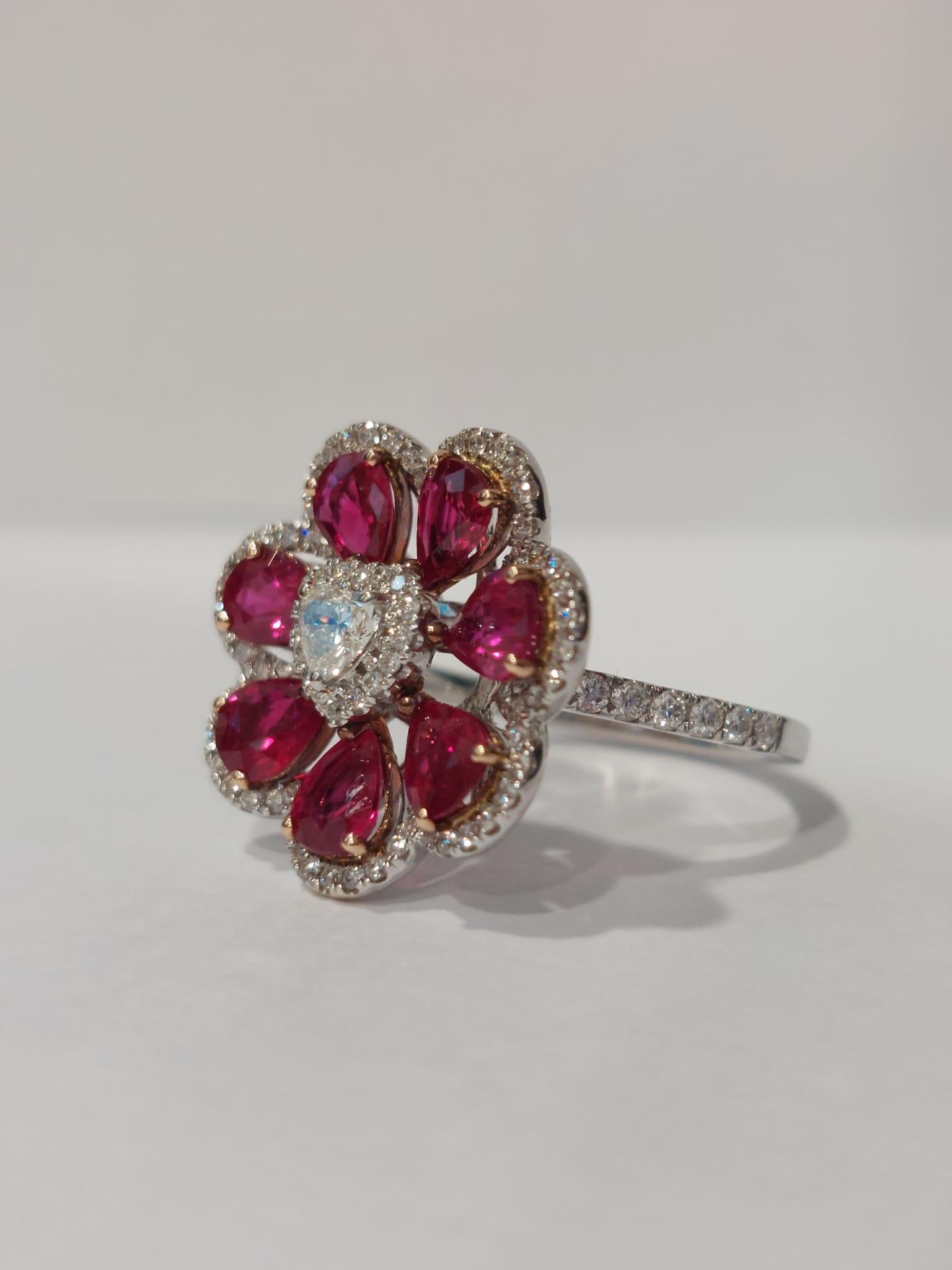 18 Karat White Gold Gilin Ruby and Diamond Flower Cocktail Ring For Sale 1