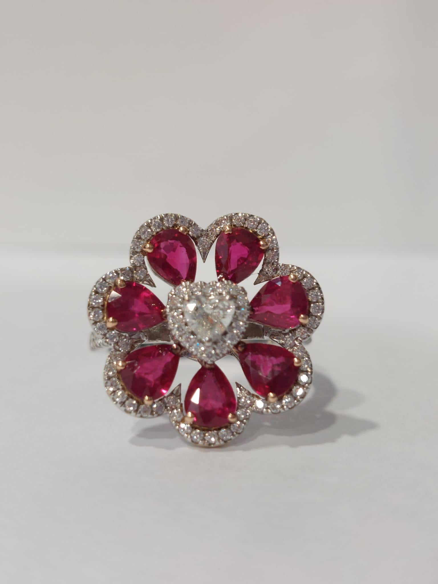 18 Karat White Gold Gilin Ruby and Diamond Flower Cocktail Ring For Sale 2