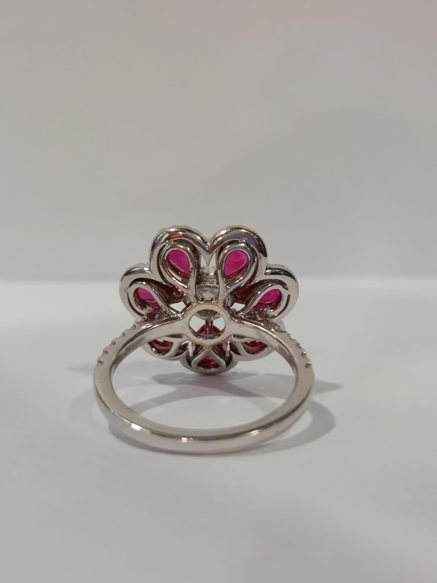 18 Karat White Gold Gilin Ruby and Diamond Flower Cocktail Ring For Sale 3