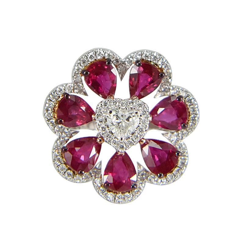18 Karat White Gold Gilin Ruby and Diamond Flower Cocktail Ring For Sale