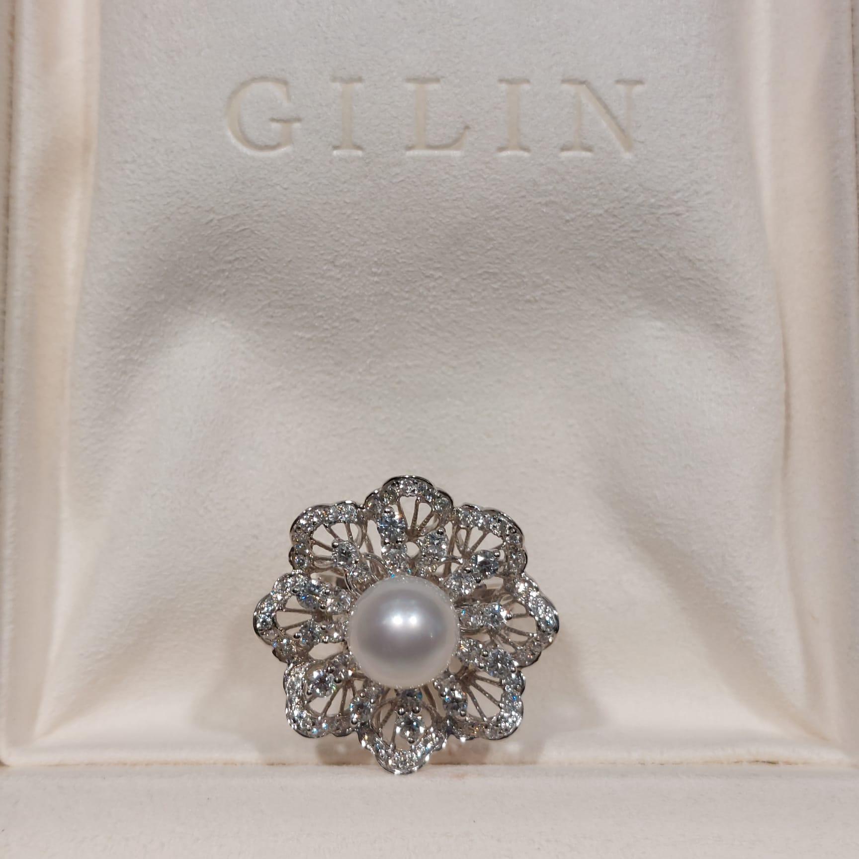 Women's 18 Karat White Gold Gilin Southsea Pearl and Diamond Cocktail Ring For Sale