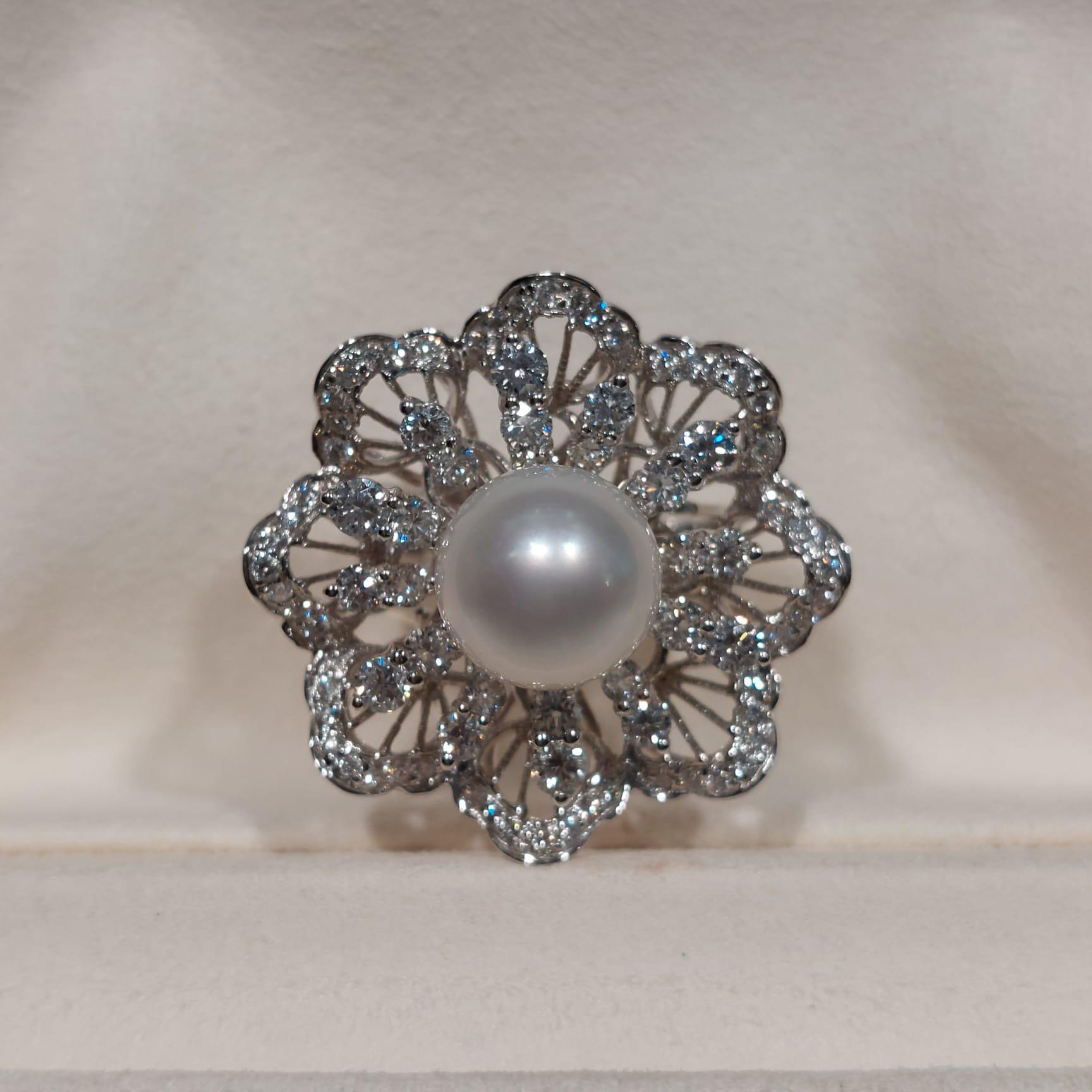 18 Karat White Gold Gilin Southsea Pearl and Diamond Cocktail Ring For ...