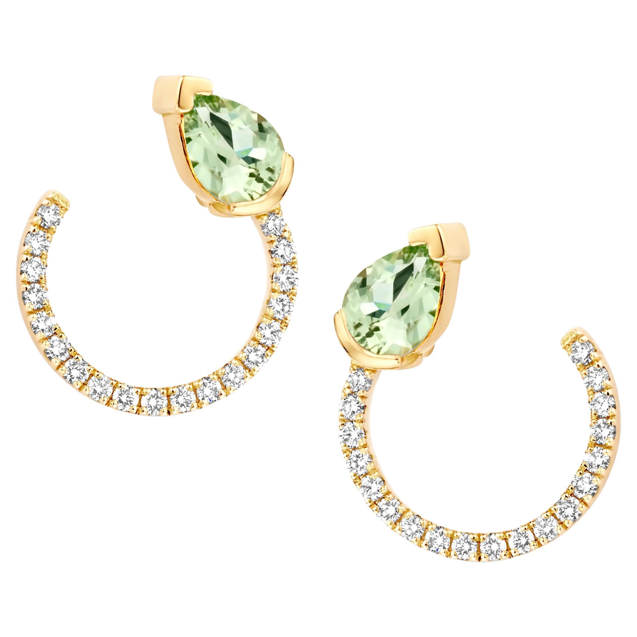 Modern 18 Karat White Gold Green Beryl Diamond Curved Earrings For Sale