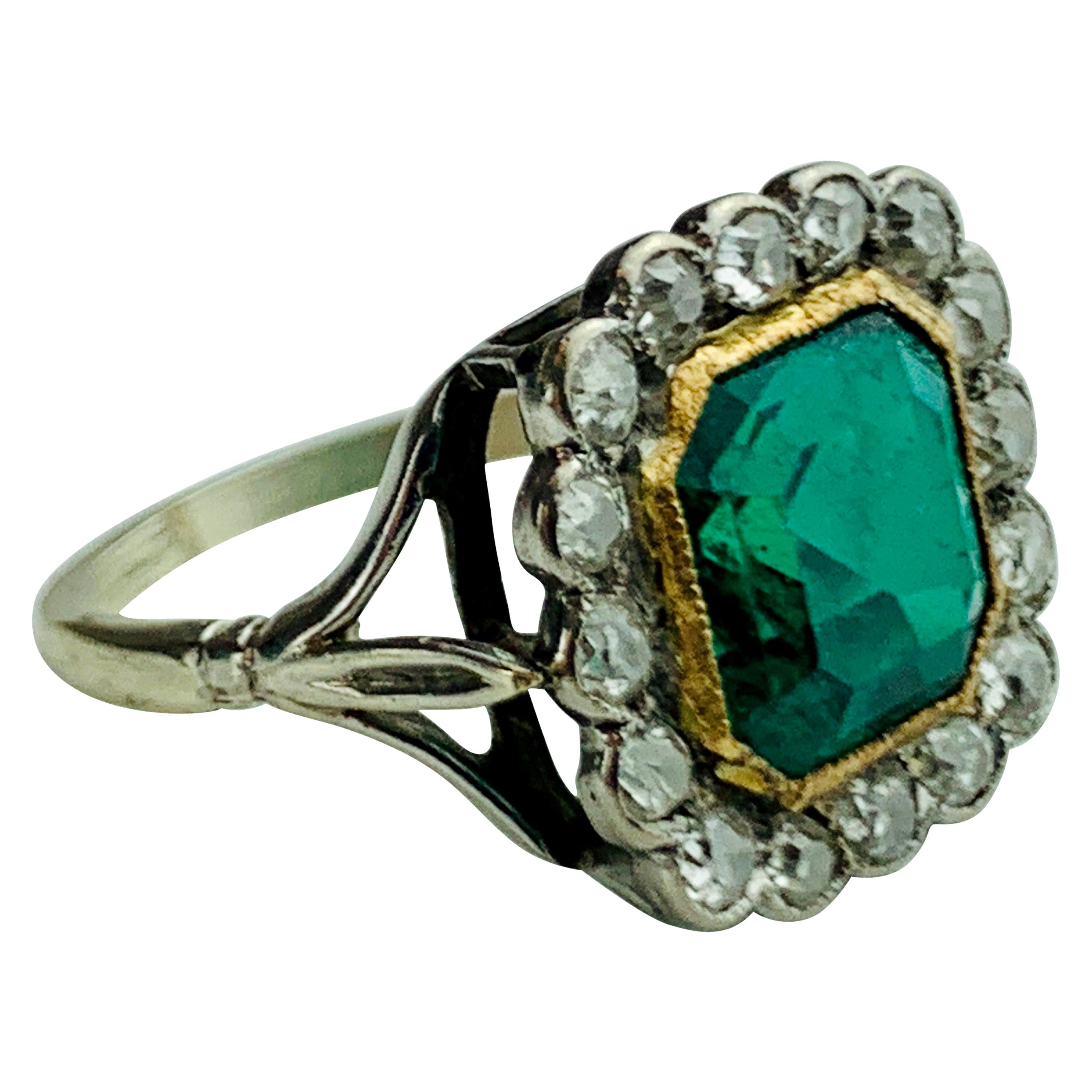 18 Karat White Gold, Green Emerald and Diamond Ring For Sale