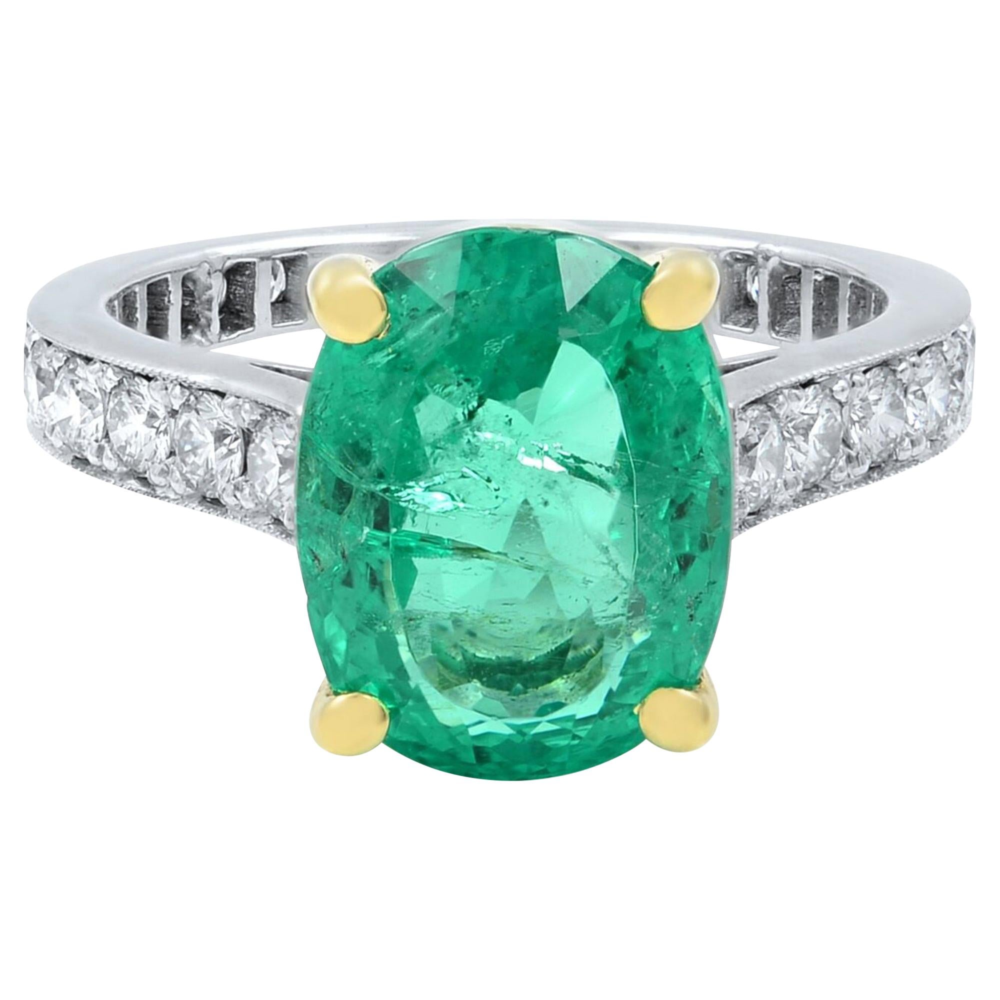 Rachel Koen Green Emerald and Diamond Engagement Ring 18k Gold Size 4.5