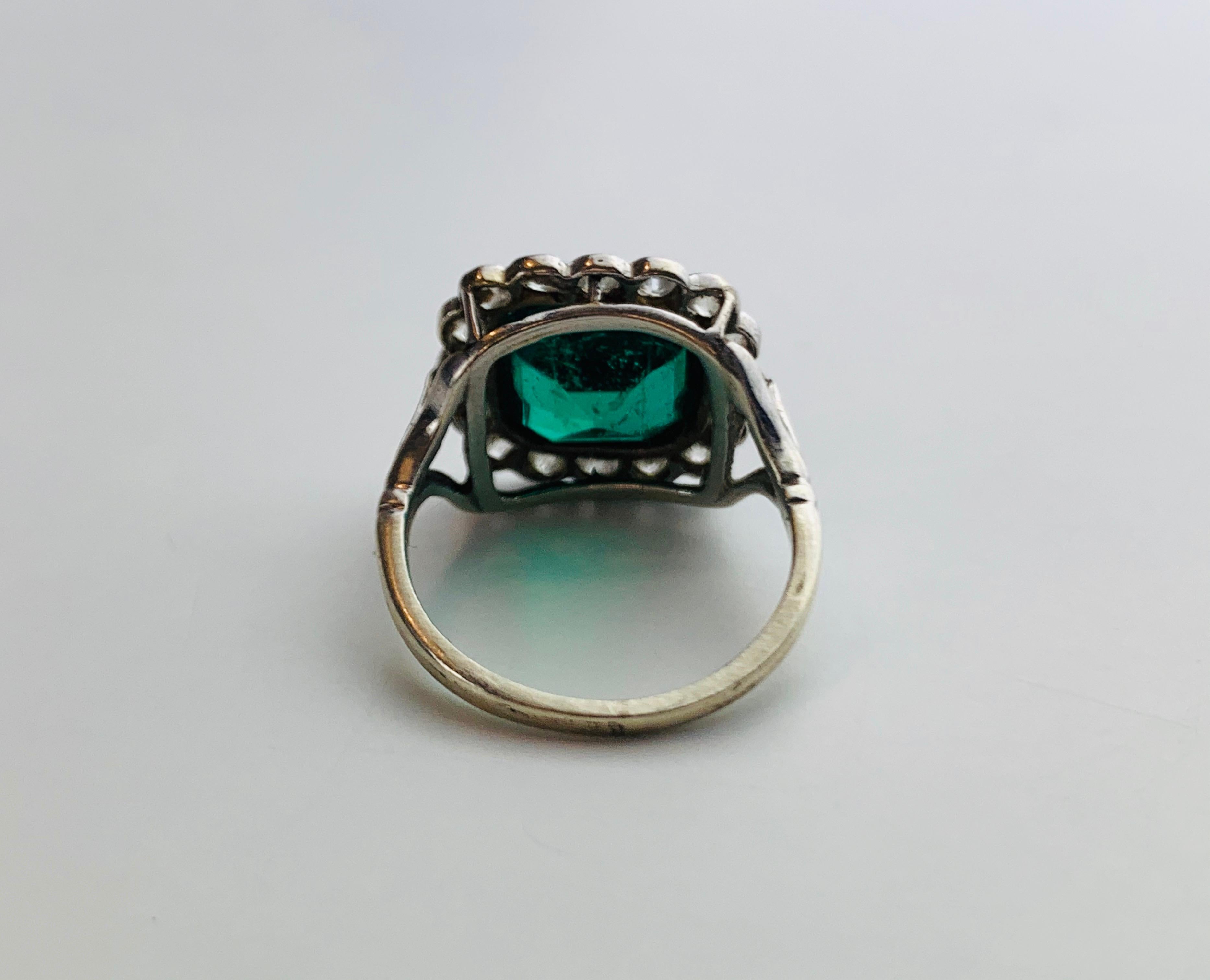 Georgian 18 Karat White Gold, Green Emerald and Diamond Ring For Sale