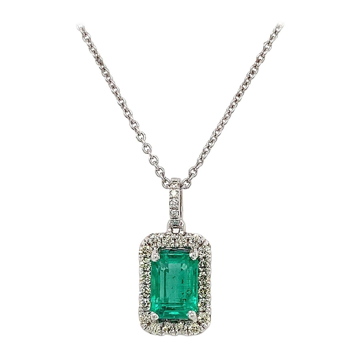 18 Karat White Gold Green Emerald Halo Diamond Pendant 'Center-2.11 Carat' For Sale