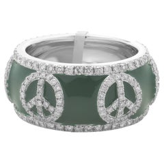 18 Karat White Gold Green Enamel Diamond Peace Band