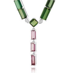 18 Karat Weißgold Grüner & Pinker Turmalin und Diamant-Lariat-Halskette