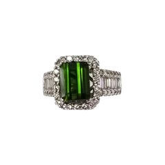 18 Karat White Gold Green Tourmaline and Diamond Halo Ring