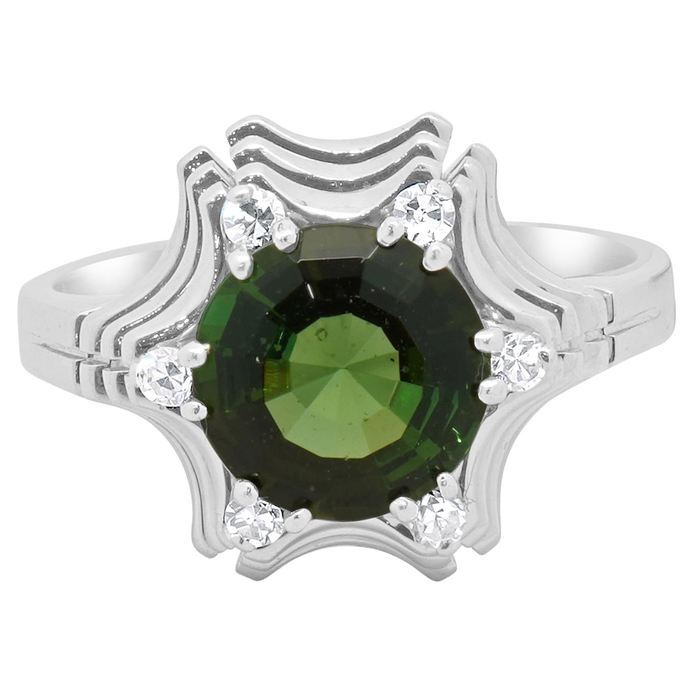 18 Karat White Gold Green Tourmaline and Diamond Stack Ring